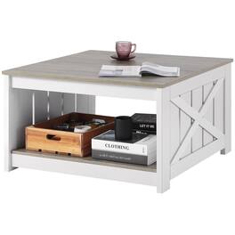 Glintex - 31.5 in Farmhouse Coffee Table, Square Wooden Center Table with Open Storage Shelf for Living Room - Gray + White