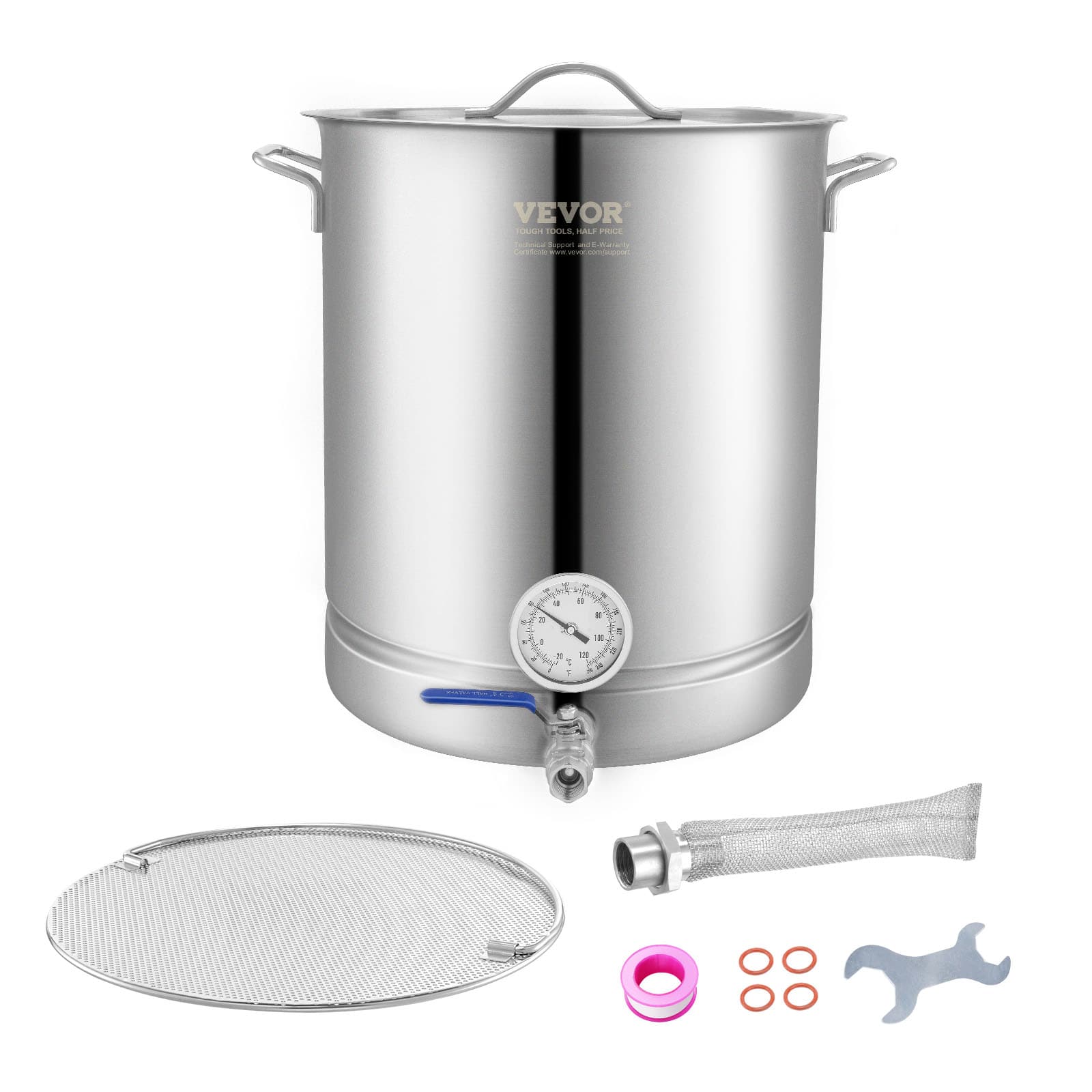 VEVOR - Stainless Steel Kettle, 16 GALLON Brewing Pot, Tri Ply Bottom for Beer, Brew Kettle Pot - Silver