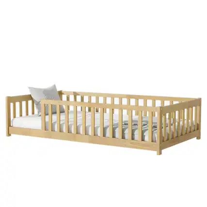 Front. GOODSILO - Twin Size Low-Profile Youth Bed with Secure Enclosure Frame, Solid Wood Construction, Neutral Finish - Natural.