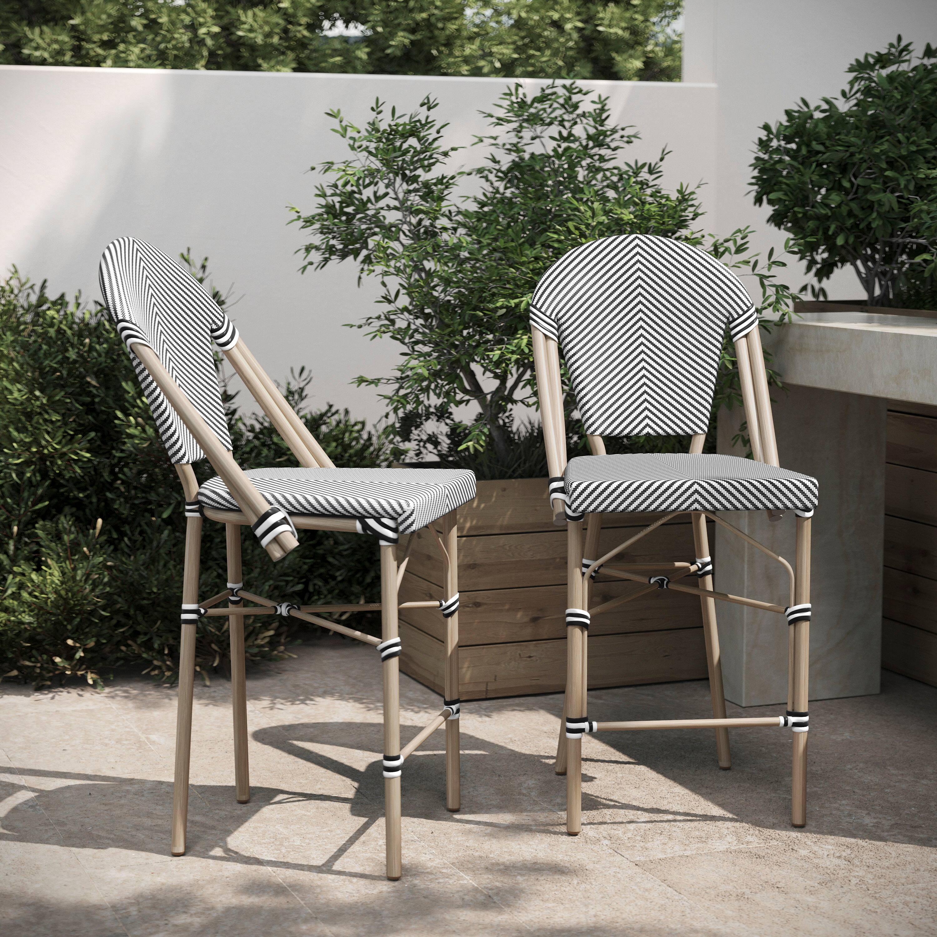 Alt View 2. Emma + Oliver - Massalia Indoor/Outdoor Bistro Style Counter Stools with Textilene Seat and Metal Frame - Black & White/Light Natural Frame.