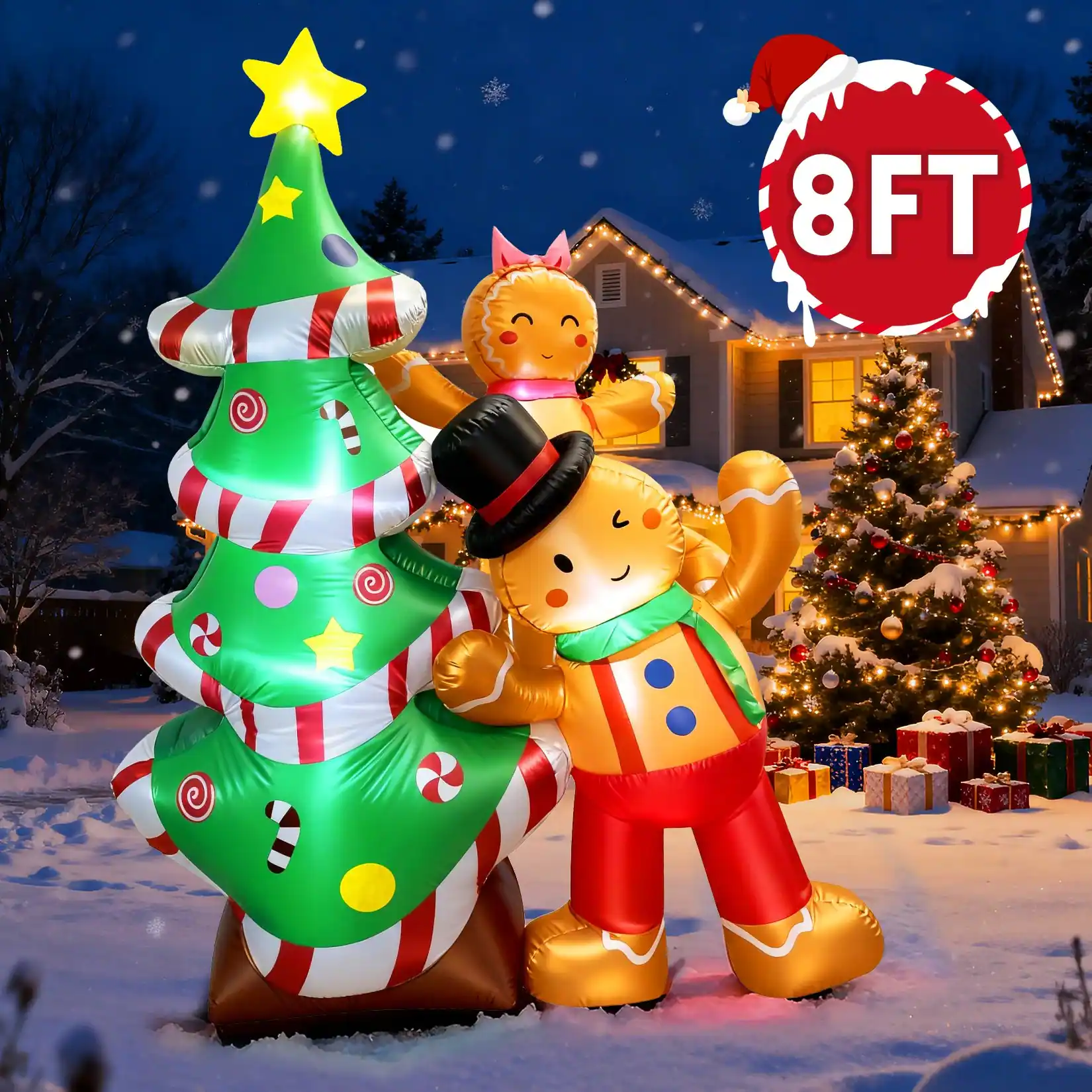 Front. GVDV - 8ft Christmas Inflatables Outdoor Decorations, Blow Up Yard Decoration(Gingerbread Man & Christmas Tree) - Green & Orange.