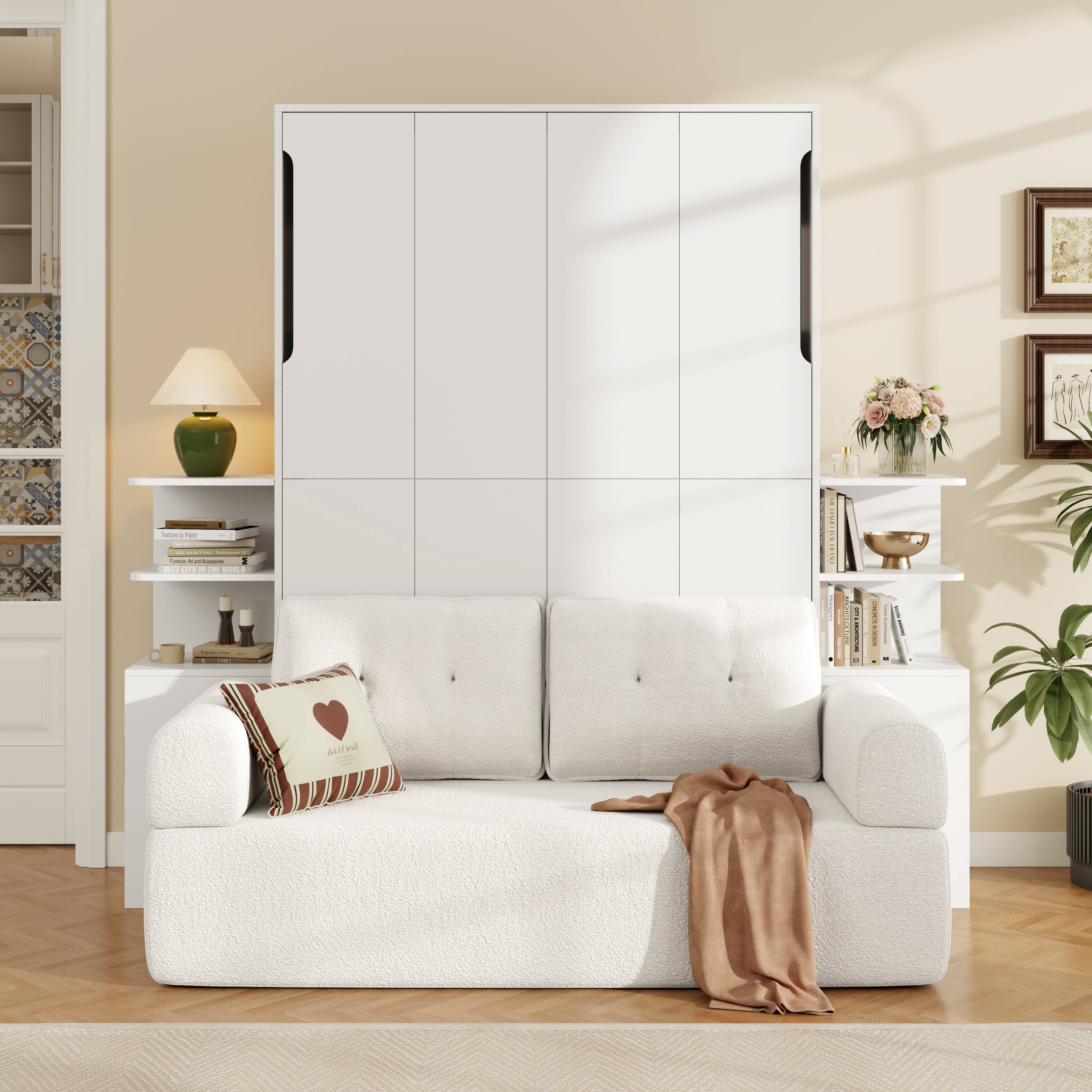 Angle. Anysun - Queen Size Wall Murphy Bed with Sofa and Storage Cabinets, Space-Saving Wall Bed for Home Office & Guest Room - White.