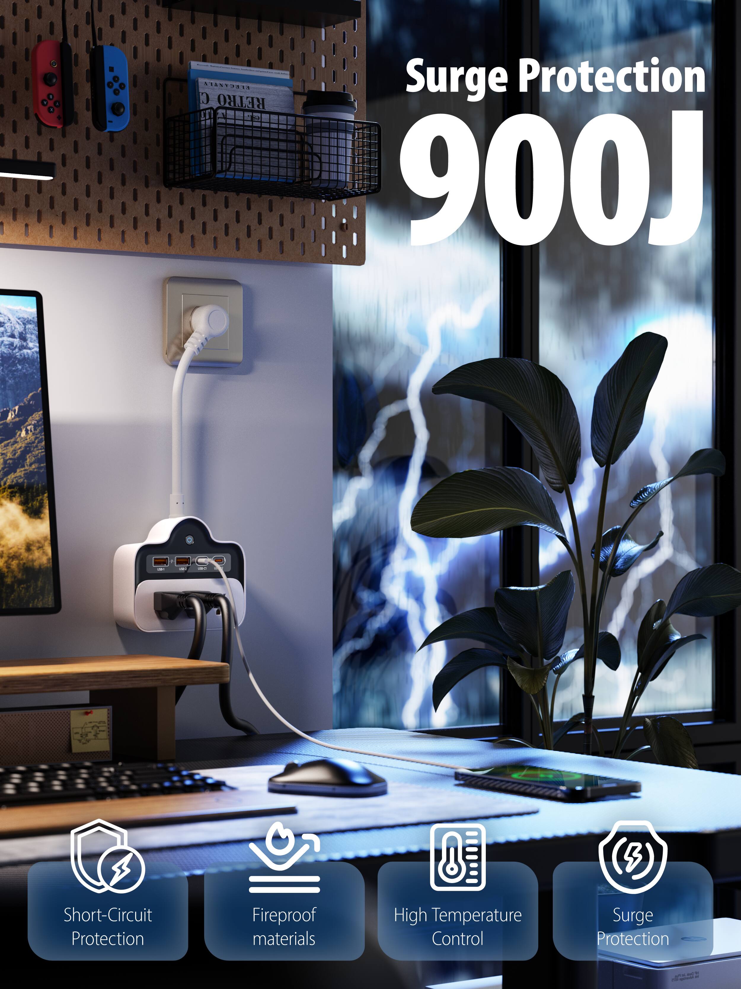 Surge Protection 900J

- Short-Circuit Protection
- Fireproof materials
- High Temperature Control
- Surge Protection