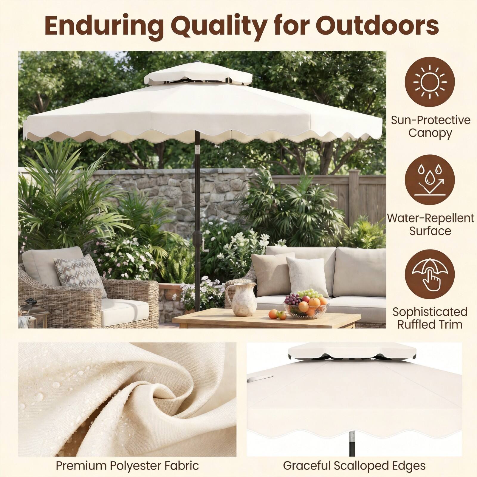 Enduring Quality for Outdoors

- Sun-Protective Canopy
- Water-Repellent Surface
- Sophisticated Ruffled Trim
- Premium Polyester Fabric
- Graceful Scalloped Edges