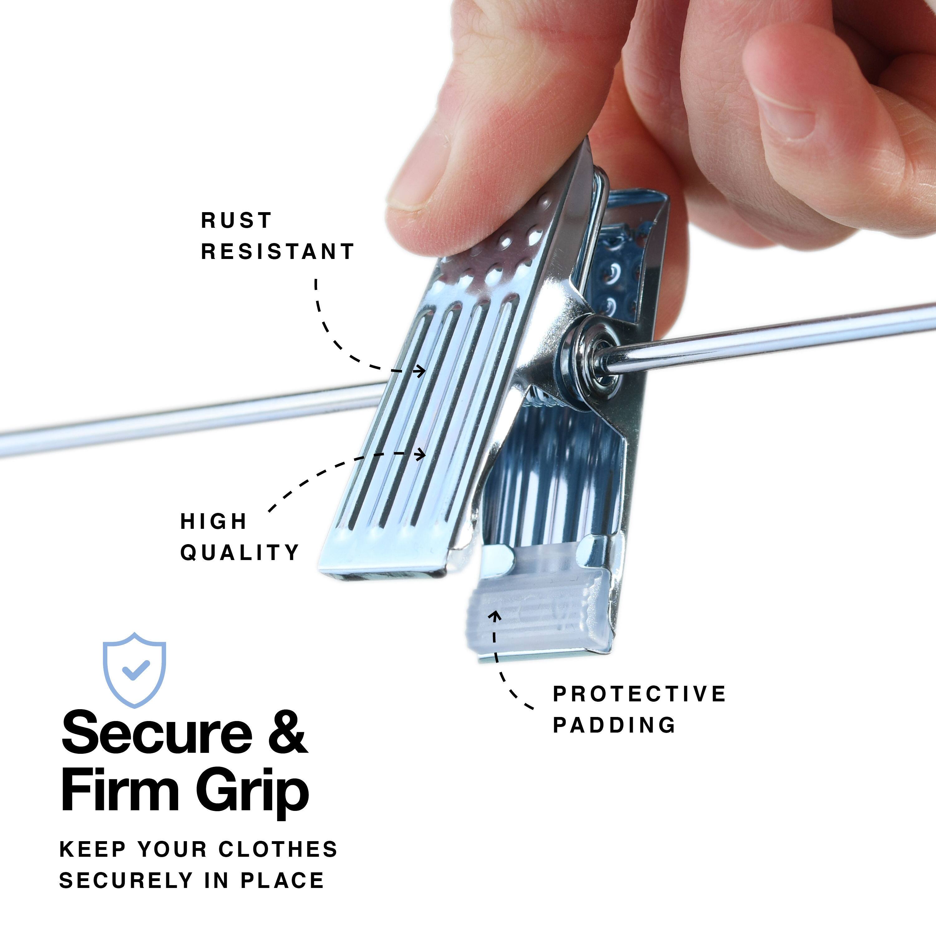 - RUST RESISTANT
- HIGH QUALITY
- PROTECTIVE PADDING

Secure & Firm Grip  
KEEP YOUR CLOTHES SECURELY IN PLACE