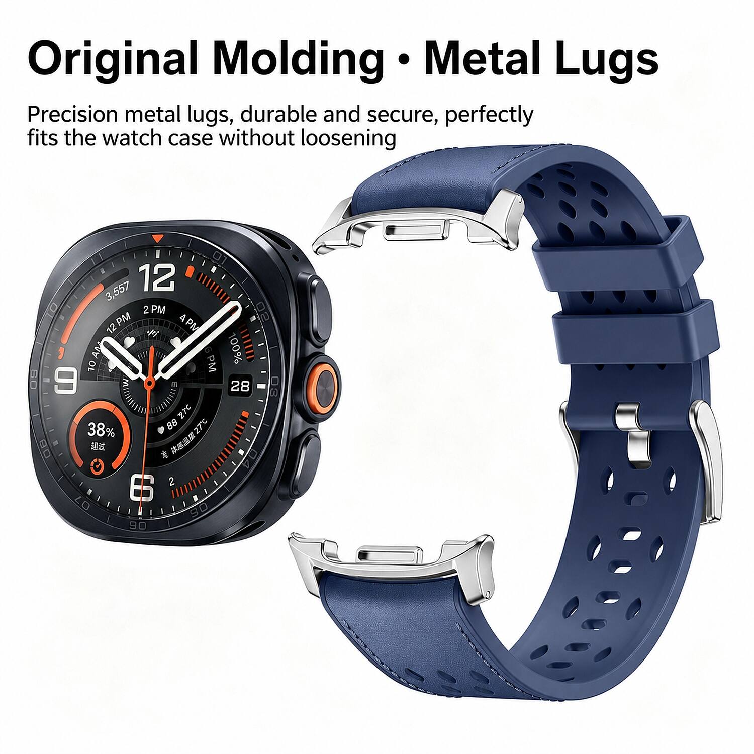 Original Molding Metal Lugs  
Precision metal lugs, durable and secure, perfectly fits the watch case without loosening  

3,557 12 2PM 12 PM 4PM  
A44 bw 10 9 88 27C 38% 27C  
2 6 90 90  
100% 28
