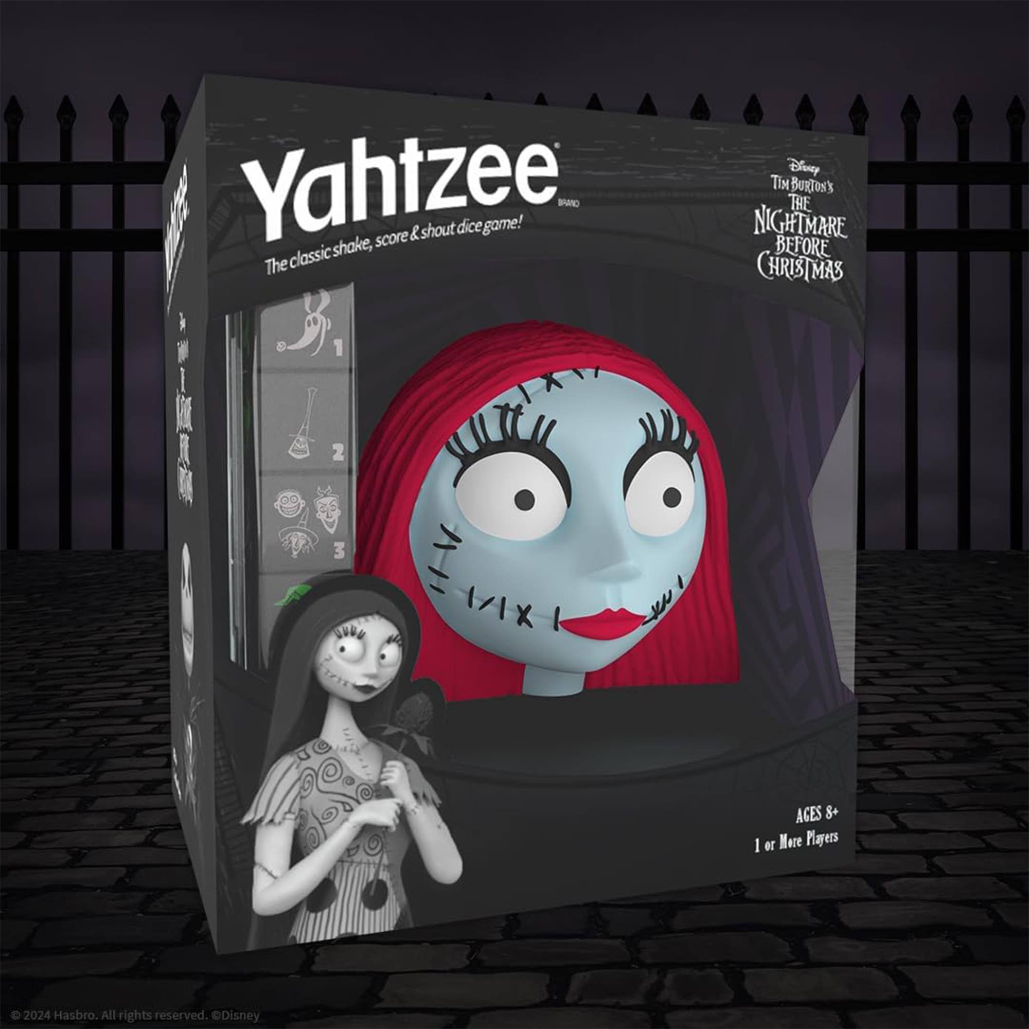 Yahtzee shake, score & shout dice game! - The classic Disney Tim Burton's The Nightmare Before Christmas 1 2 3 1 I AGES 8+ 1 or More Players 2024 Hasbro. All rights reserved. Disney Hasbro. All rights reserved. Disney