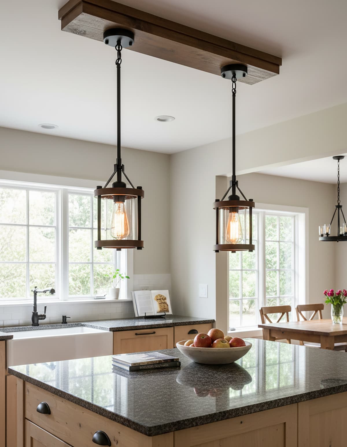 Alt View 4. FINEAK - Farmhouse Rustic Walnut Wood & Metal Cage Pendant Lights - 2 Pack with Glass Shade, Adjustable Hanging Fixtures - Brown.