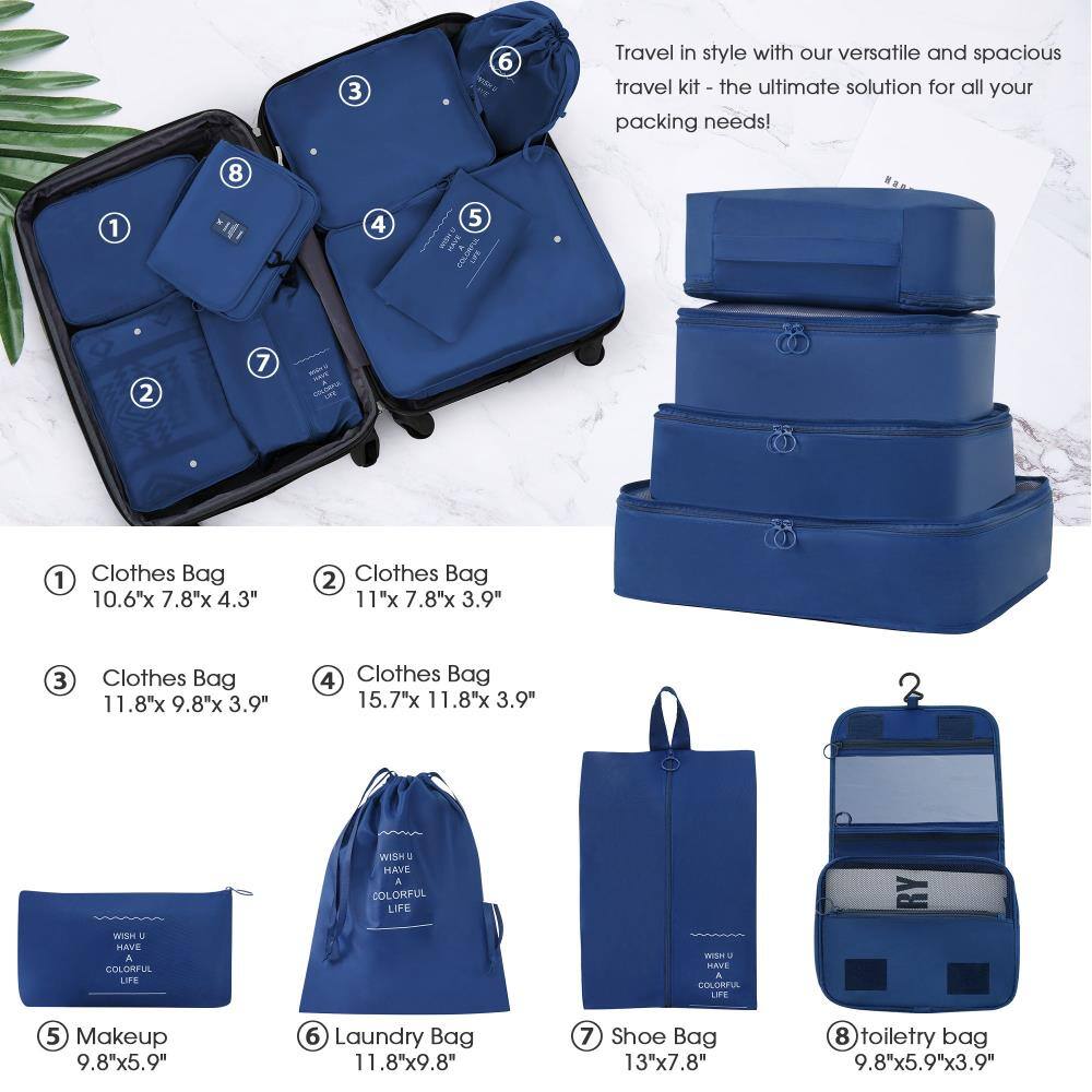 Travel in style with our versatile and spacious travel kit - the ultimate solution for all your packing needs!

1. Clothes Bag - 10.6"x 7.8"x 4.3"
2. Clothes Bag - 11"x 7.8"x 3.9"
3. Clothes Bag - 11.8"x 9.8"x 3.9"
4. Clothes Bag - 15.7"x 11.8"x 3.9"
5. Makeup - 9.8"x 5.9"
6. Laundry Bag - 11.8"x 9.8"
7. Shoe Bag - 13"x 7.8"
8. Toiletry Bag - 9.8"x 5.9"x 3.9"

Wish you have a colorful life.