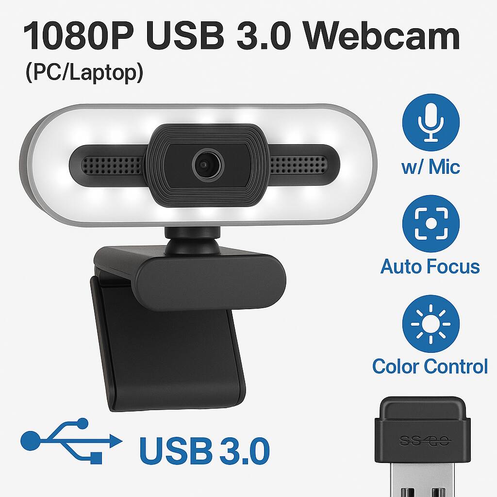 1080P USB 3.0 Webcam (PC/Laptop) w/ Mic Auto Focus Color Control USB 3.0