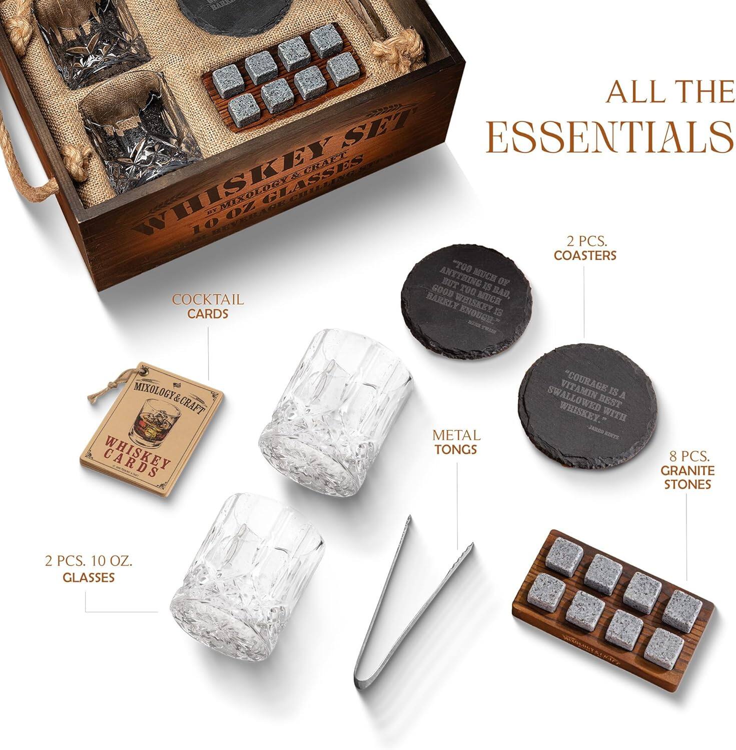 ALL THE ESSENTIALS

- 2 PCS. 10 OZ. GLASSES
- 2 PCS. COASTERS
- COCKTAIL CARDS
- METAL TONGS
- 8 PCS. GRANITE STONES

"TOO MUCH OF ANYTHING IS BAD, BUT IS GOOD IN MODERATION" - COCKTAIL CARDS

"VITAMIN C IS SWALLOWED WITH WHISKEY" - COASTERS