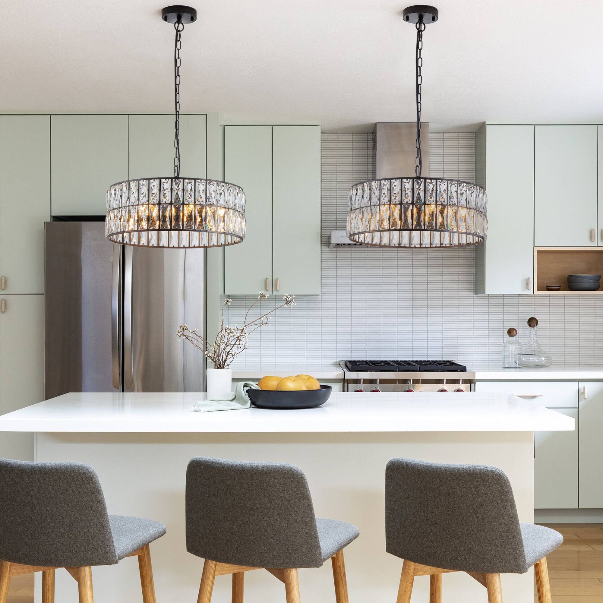 Alt View 1. Tiramisubest - 18" Black Modern Crystal Drum Chandelier, 6-Light Pendant Lighting Fixture with Metal Frame (No Bulbs) - Black.