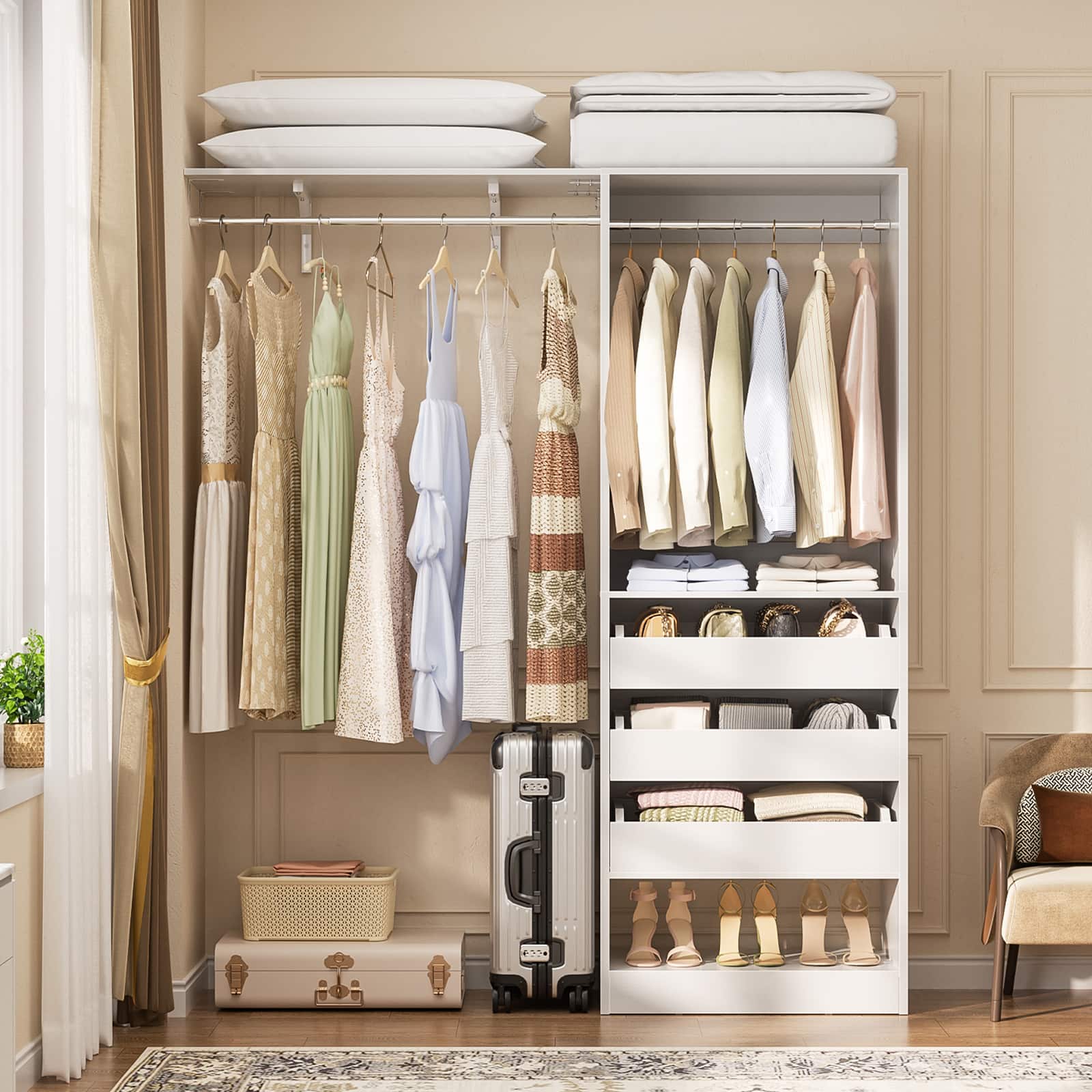Aheaplus - 60'' Wide Closet System with 3 Drawers, 2 Hanging Rods, and Side Shelf, Hanging Closet for Closet, Bedroom - White