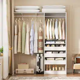 Aheaplus - 60'' Wide Closet System with 3 Drawers, 2 Hanging Rods, and Side Shelf, Hanging Closet for Closet, Bedroom - White