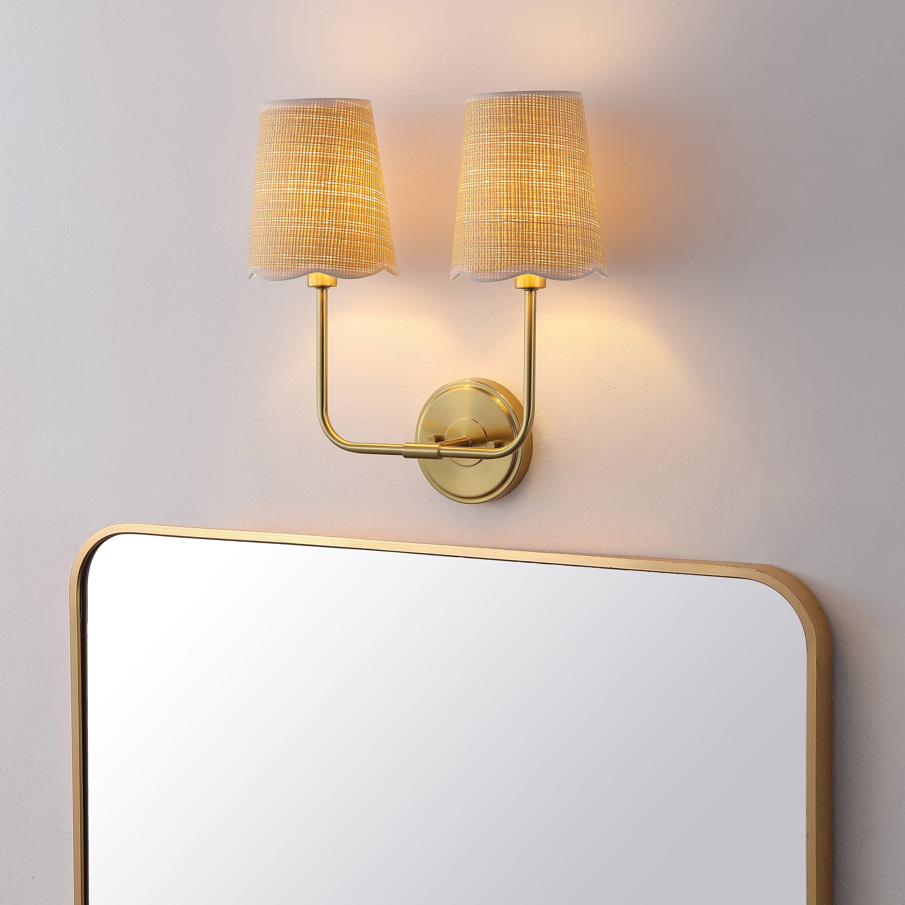 Alt View 1. Jonathan Y - Lila 15" 2-Light Traditional Coastal Scalloped Fabric Shade/Metal LED Vanity Light, Brass Gold/Brown - Brown/White/Brass Gold.