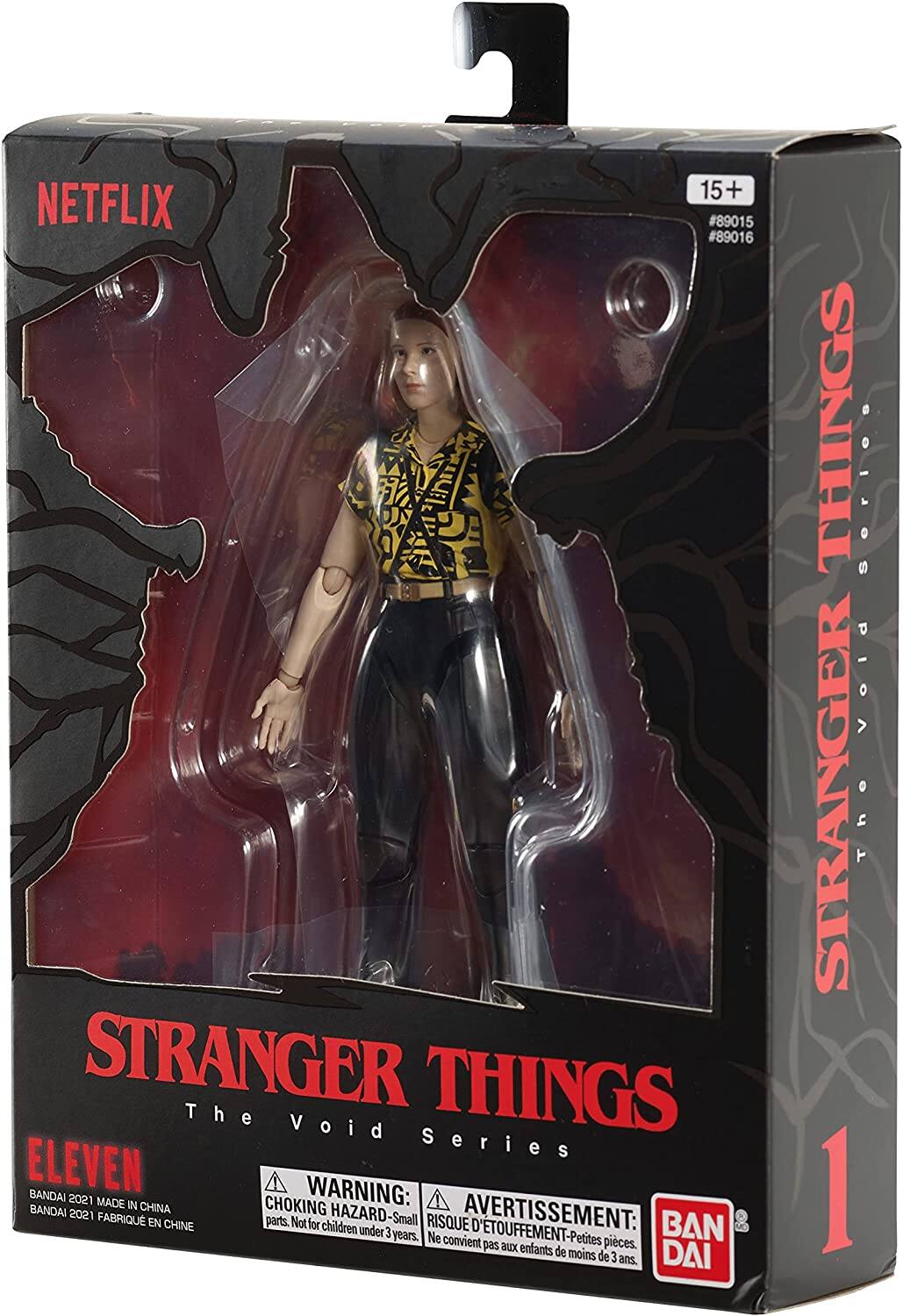 15+ NETFLIX #89015 #89016 STRANGER THINGS The Void Series ELEVEN WARNING: BANDAI 2021 MADE BANDAI IN CHINA CHOKING 2021 FABRIQUE EN CHINE parts. Not for children HAZARD-Small under -Small RISQUE AVERTISSEMENT: D'ETOUFFEMENT-Petites BAN 3 years. Ne convient pas aux Petites pieces. enfants de moins de DAI 3 ans.