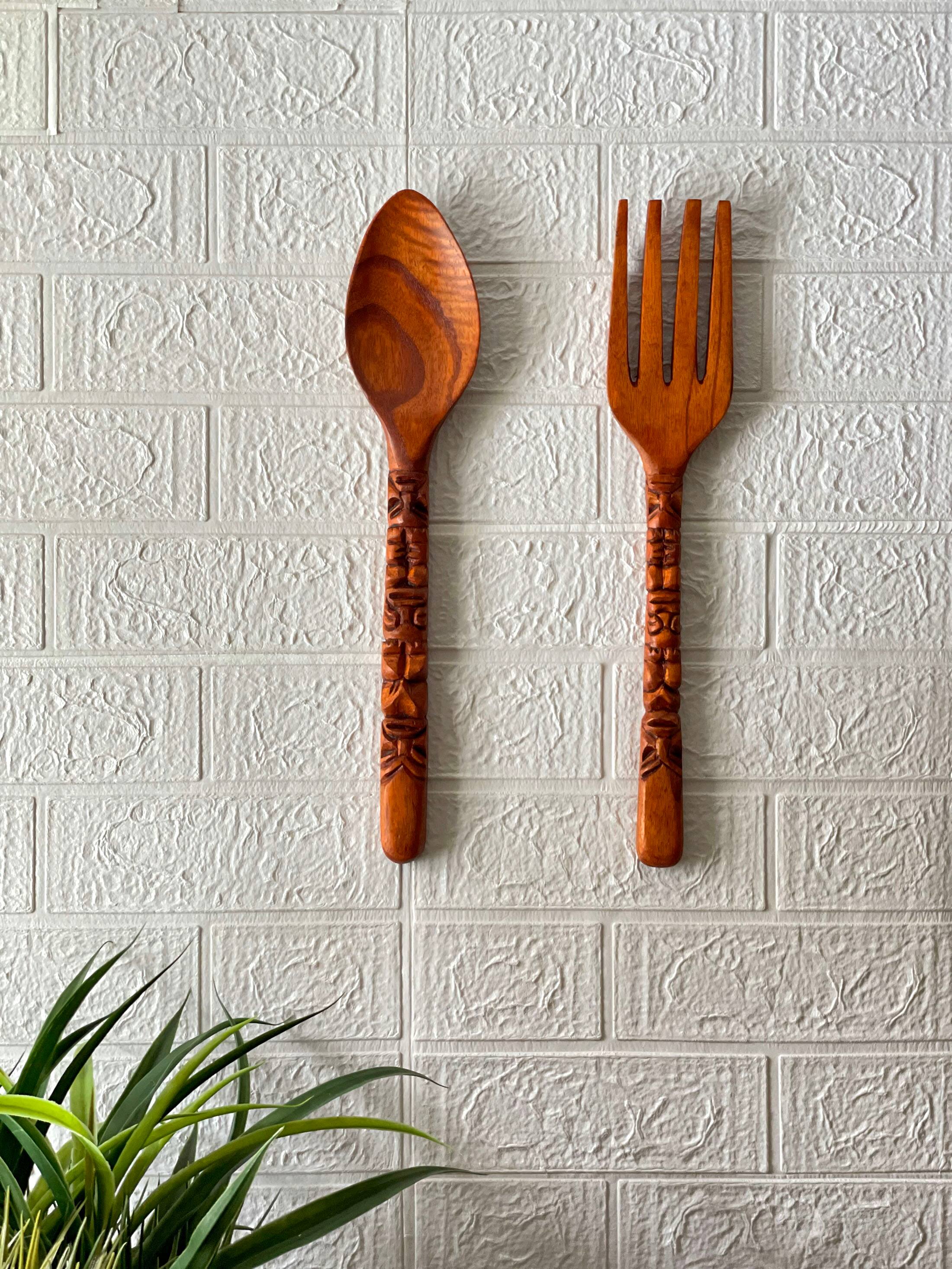 Alt View 4. Zeckos - 16 Inch Carved Tiki Spoon & Fork Wooden Wall Decor Art Utensil Decoration Set - Brown.