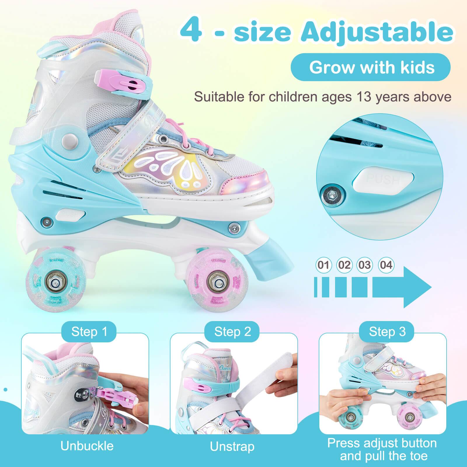 4 - size Adjustable  
Grow with kids  
Suitable for children ages 13 years above  

Step 1  
Unbuckle  

Step 2  
Unstrap  

Step 3  
Press adjust button and pull the toe