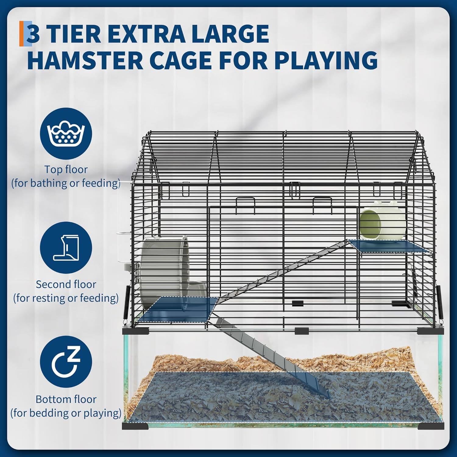 3 TIER EXTRA LARGE HAMSTER CAGE FOR PLAYING

- Top floor (for bathing or feeding)
- Second floor (for resting or feeding)
- Bottom floor (for bedding or playing)