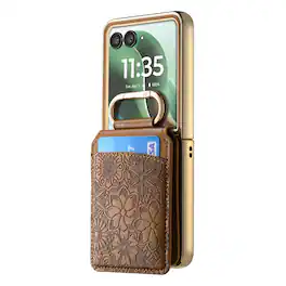 Dteck - Flip Wallet Phone Case for Motorola Razr Ultra 2026/2025, Floral Pattern PU Leather Protective Cover with Hook - Brown