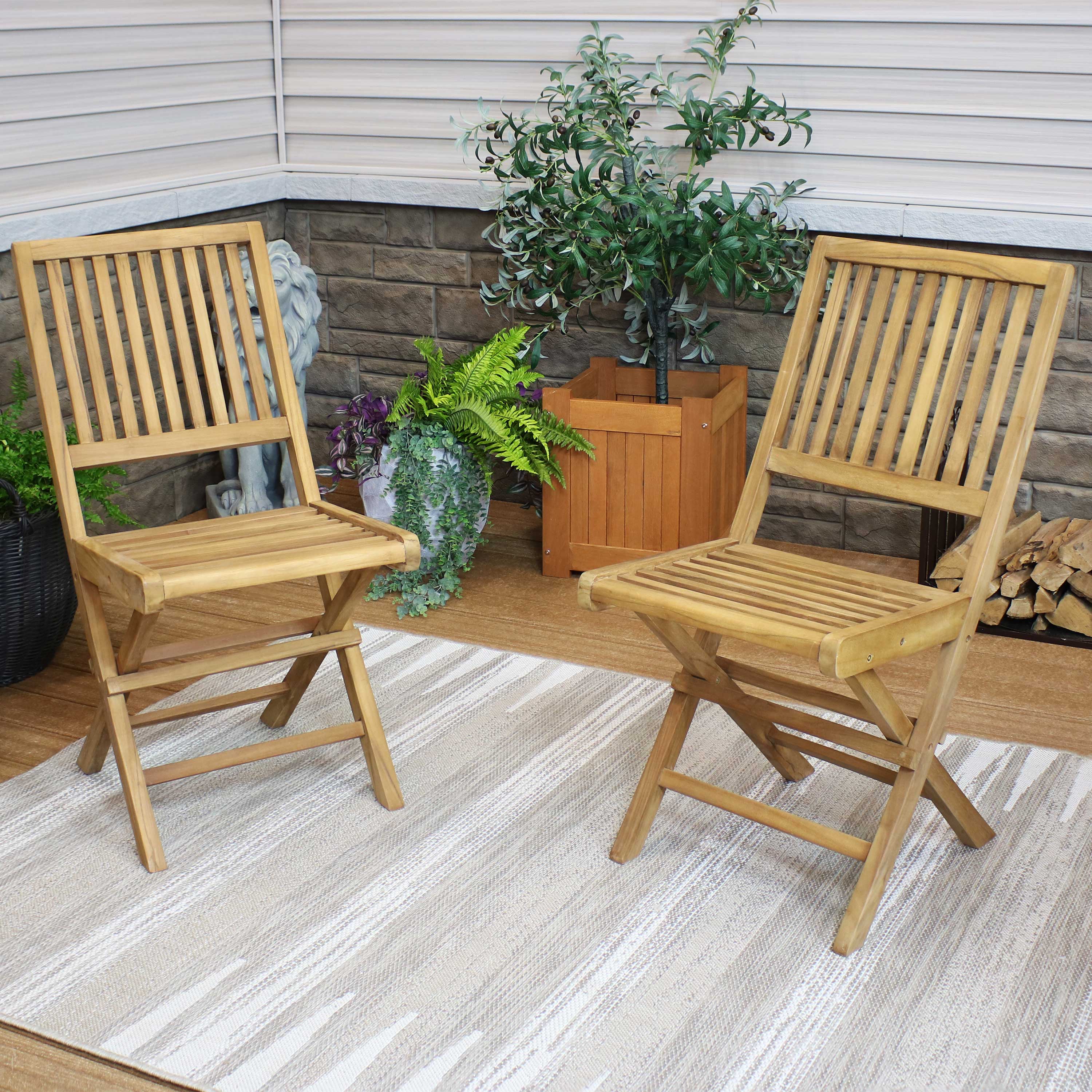 Alt View 3. Sunnydaze - Nantasket Solid Teak Folding Slat-Back Patio Chair - Set of 2 - Light Brown.