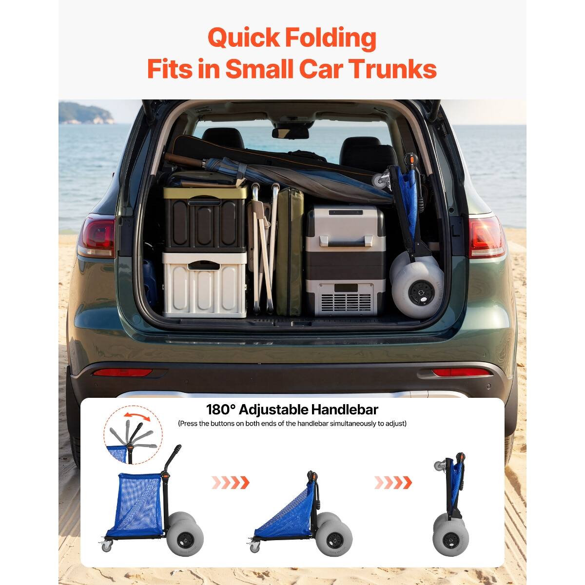 Quick Folding Fits in Small Car Trunks

180° Adjustable Handlebar (Press the buttons on both ends of the handlebar simultaneously to adjust)