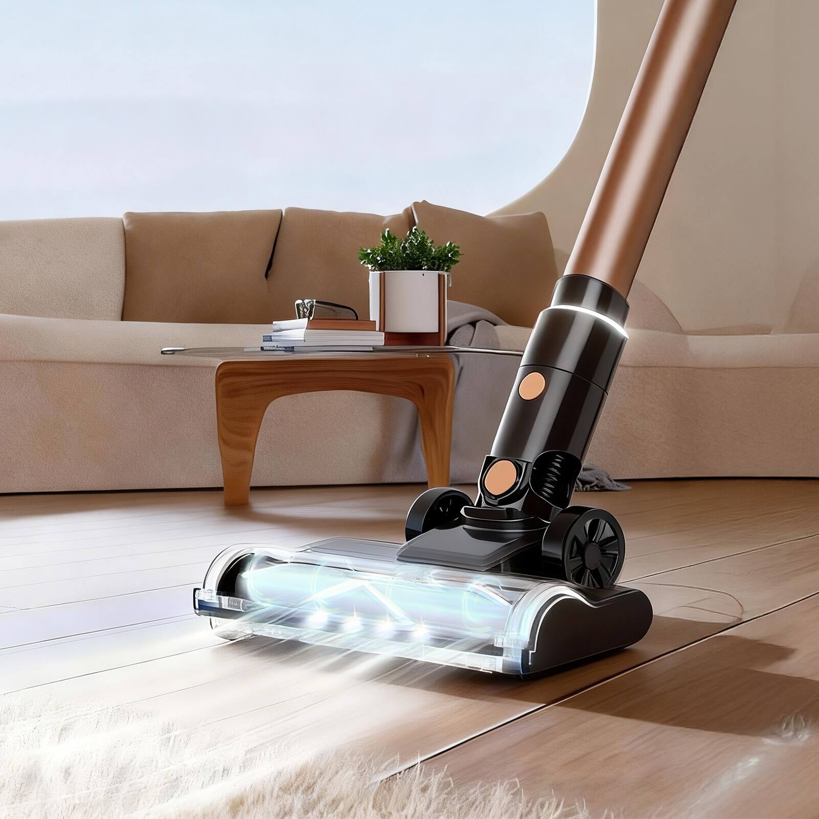 Back. Teendow - Cordless Stick Vacuum Cleaner, 250W Suction,35 Mins Runtime, Lightweight, 2 Power Modes, HEPA for Pet hair - Gold.
