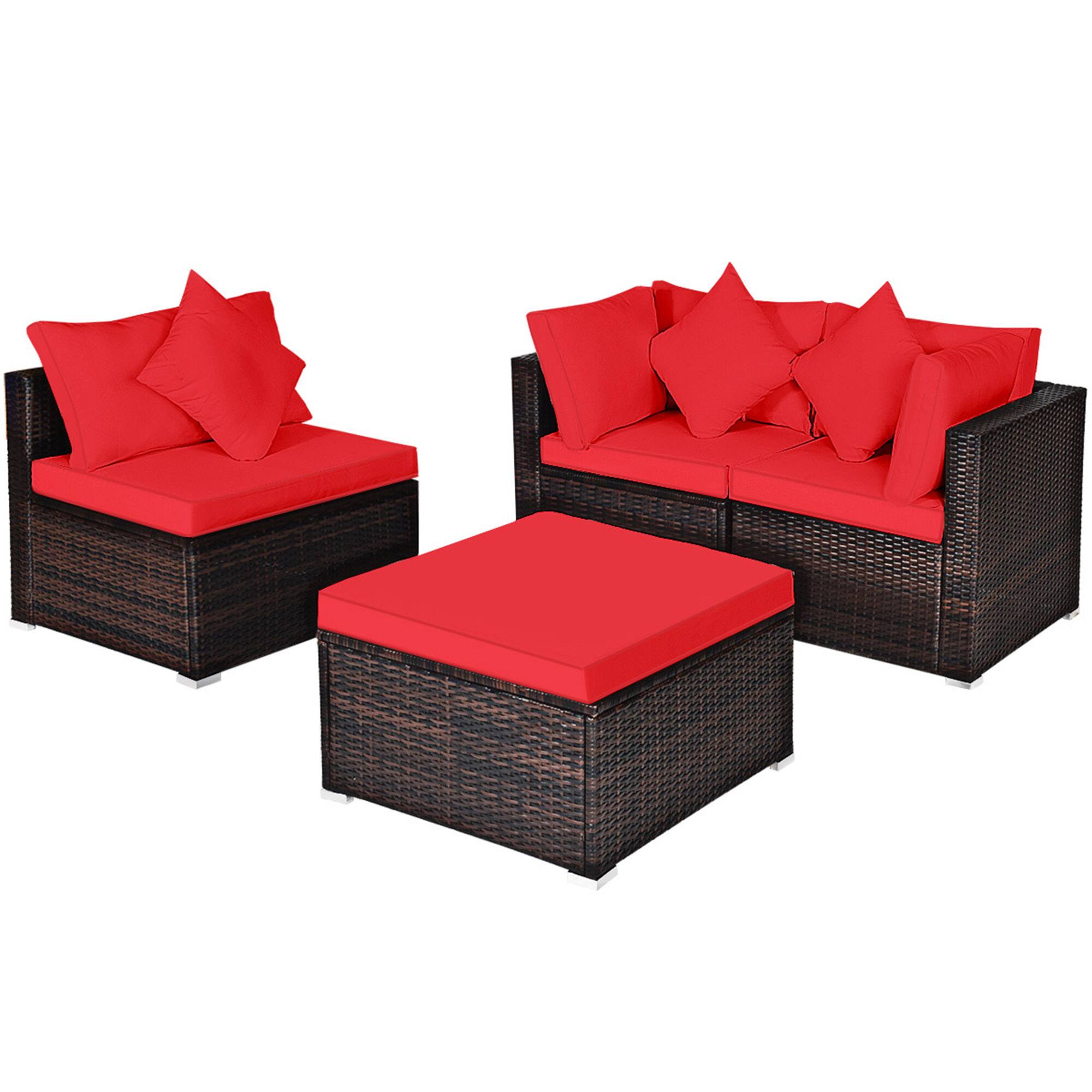 Alt View 1. Gymax - Gymax 4PCS Rattan Patio Conversation Furniture Set Yard Outdoor w/ Red Cushion - Red.