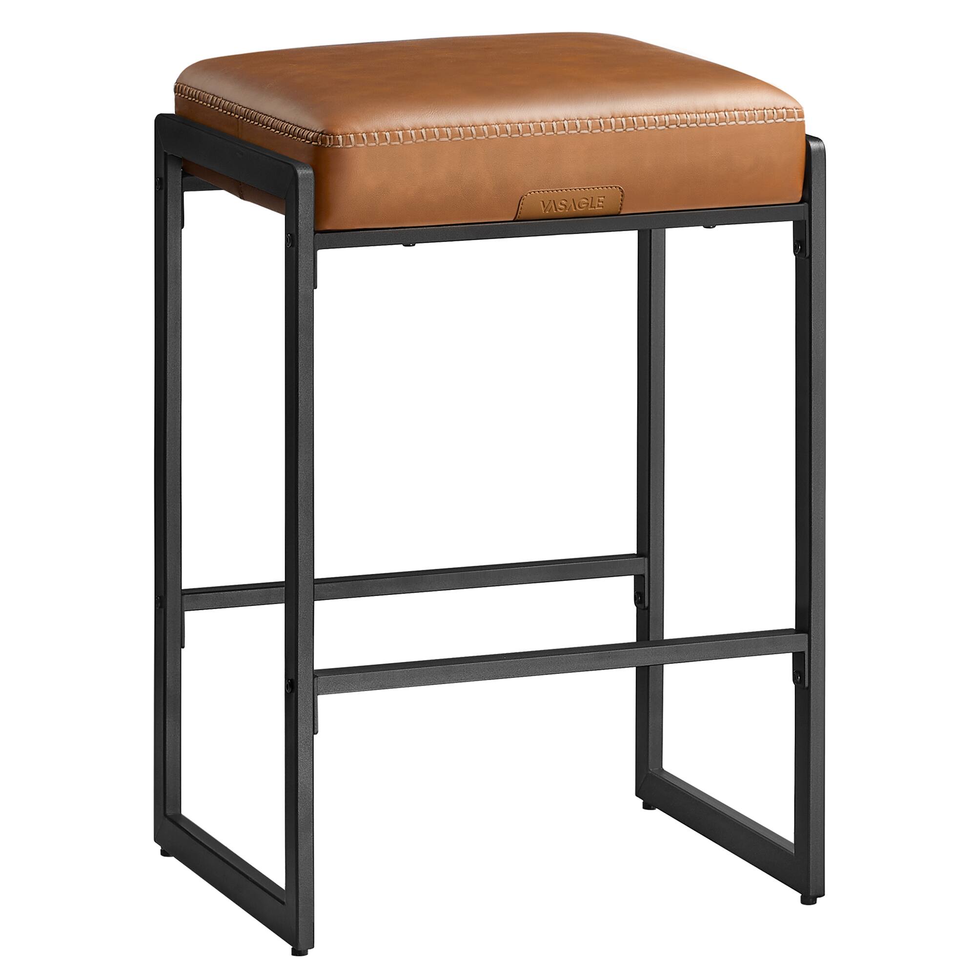 Front. Songmics Home - Bar Stool, Counter Height Bar Stool, Synthetic Leather with Stitching, Mid-Century Modern Counter Barstool, 26-Inch Tall - Caramel.