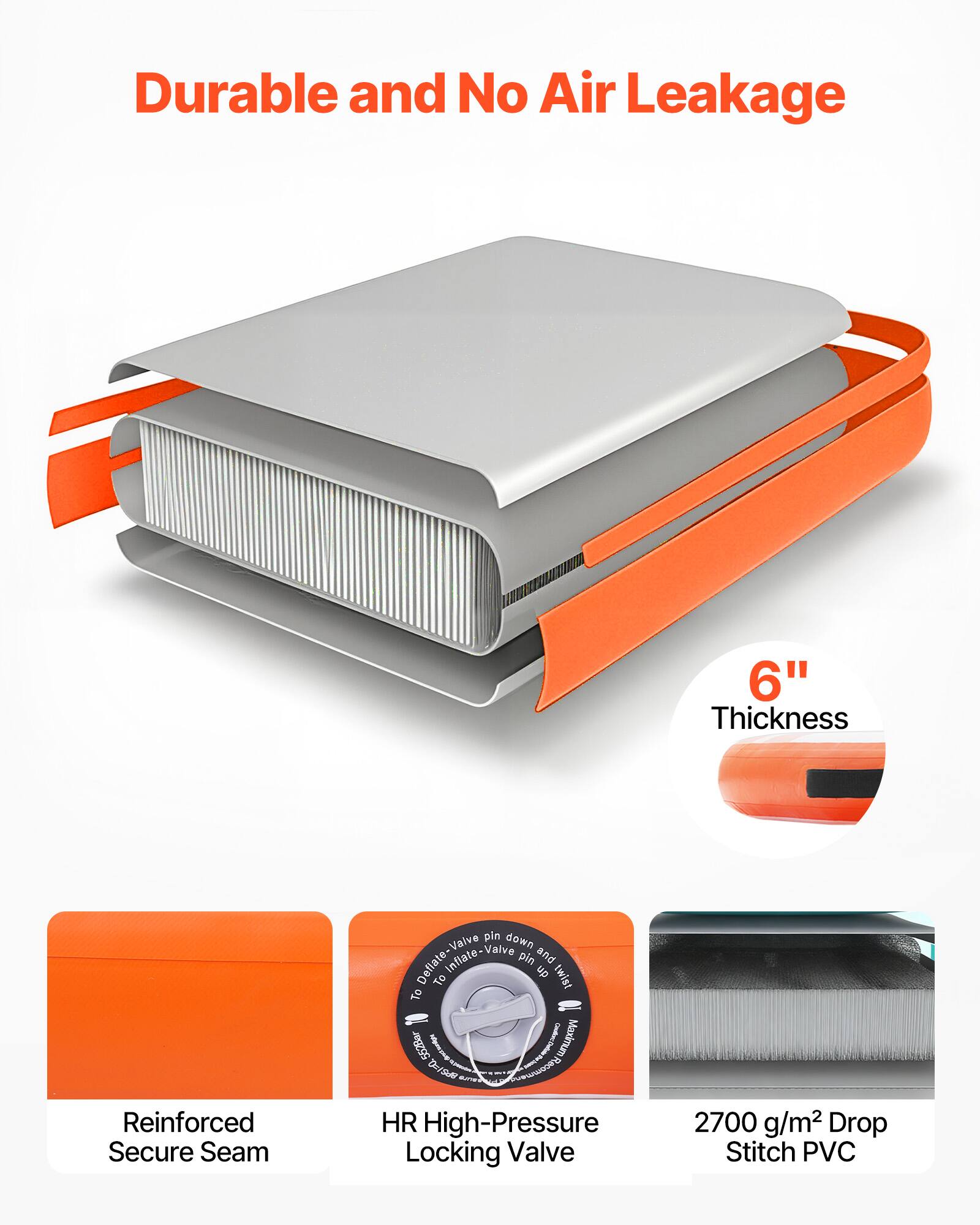Durable and No Air Leakage

6" Thickness

Reinforced Secure Seam

HR High-Pressure Locking Valve

2700 g/m² Drop Stitch PVC