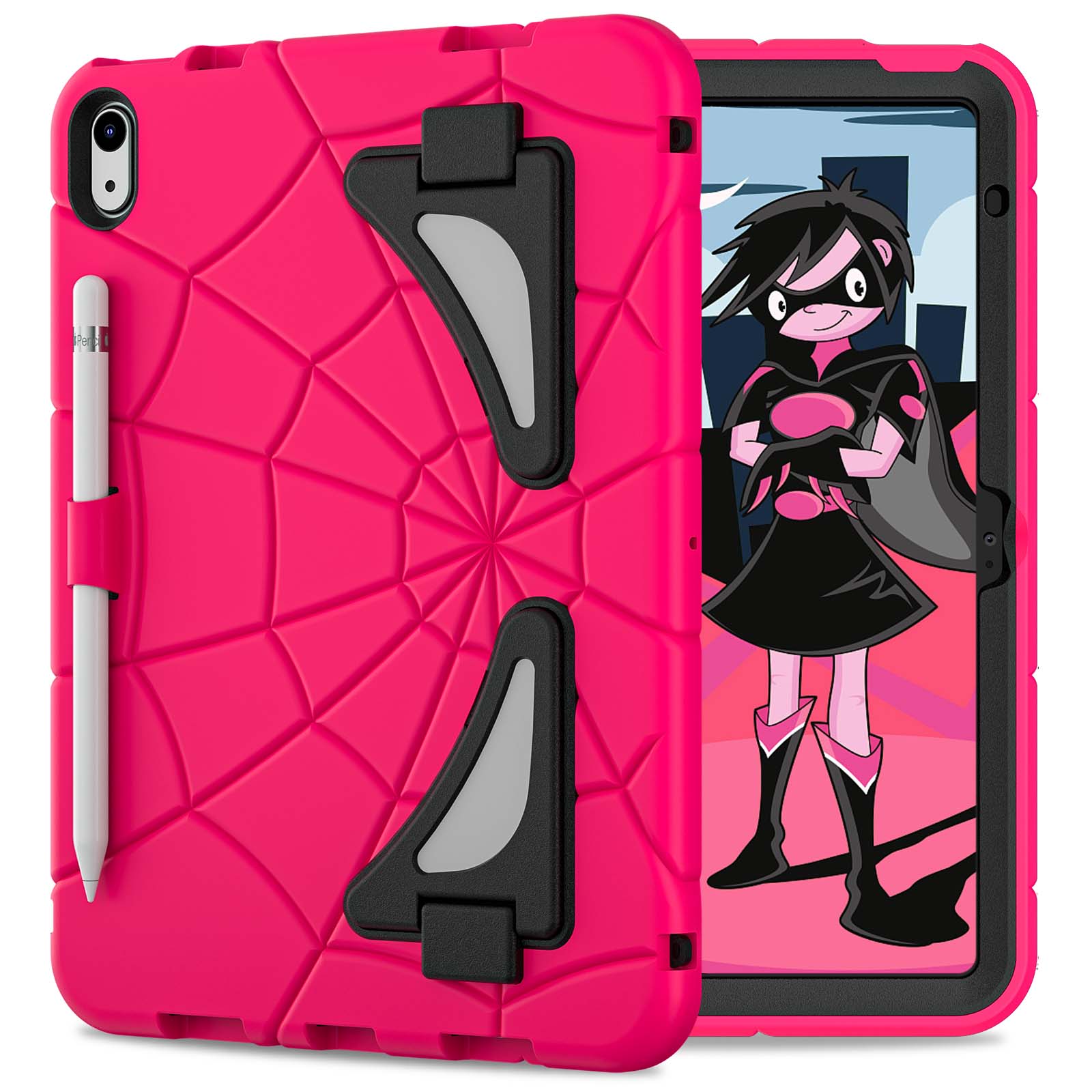 Angle. UUCOVER - Kids Case for iPad (A16) 11-inch 2025 / iPad 10th Gen 10.9" 2022 ,Shockproof TPU+PC Rugged Stand Case Protective Cover - Rose+Black.