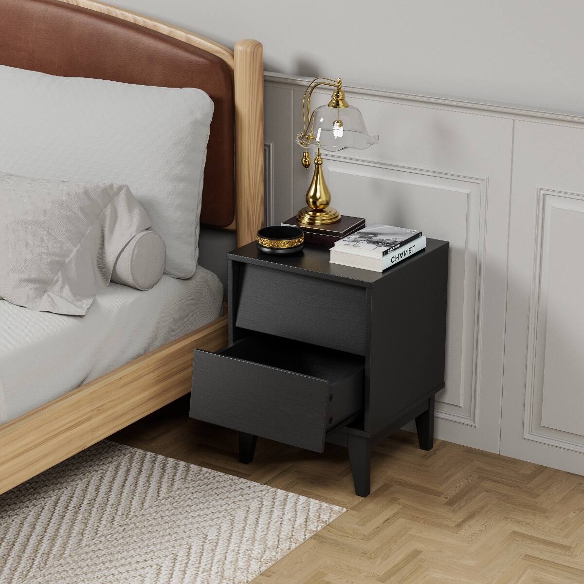 Left. Loheer - Loheer Set of 2 Black Nightstands, Mid Century Modern Nightstand Set with Drawers - Black.