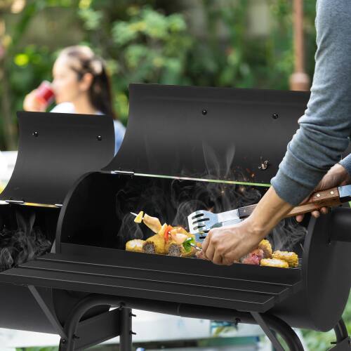 Alt View 10. Winado - 24in Portable Barrel Charcoal Grill, Offset Smoker with Side Table and Wheels for Outdoor Grilling, Backyard Cooking - Black.