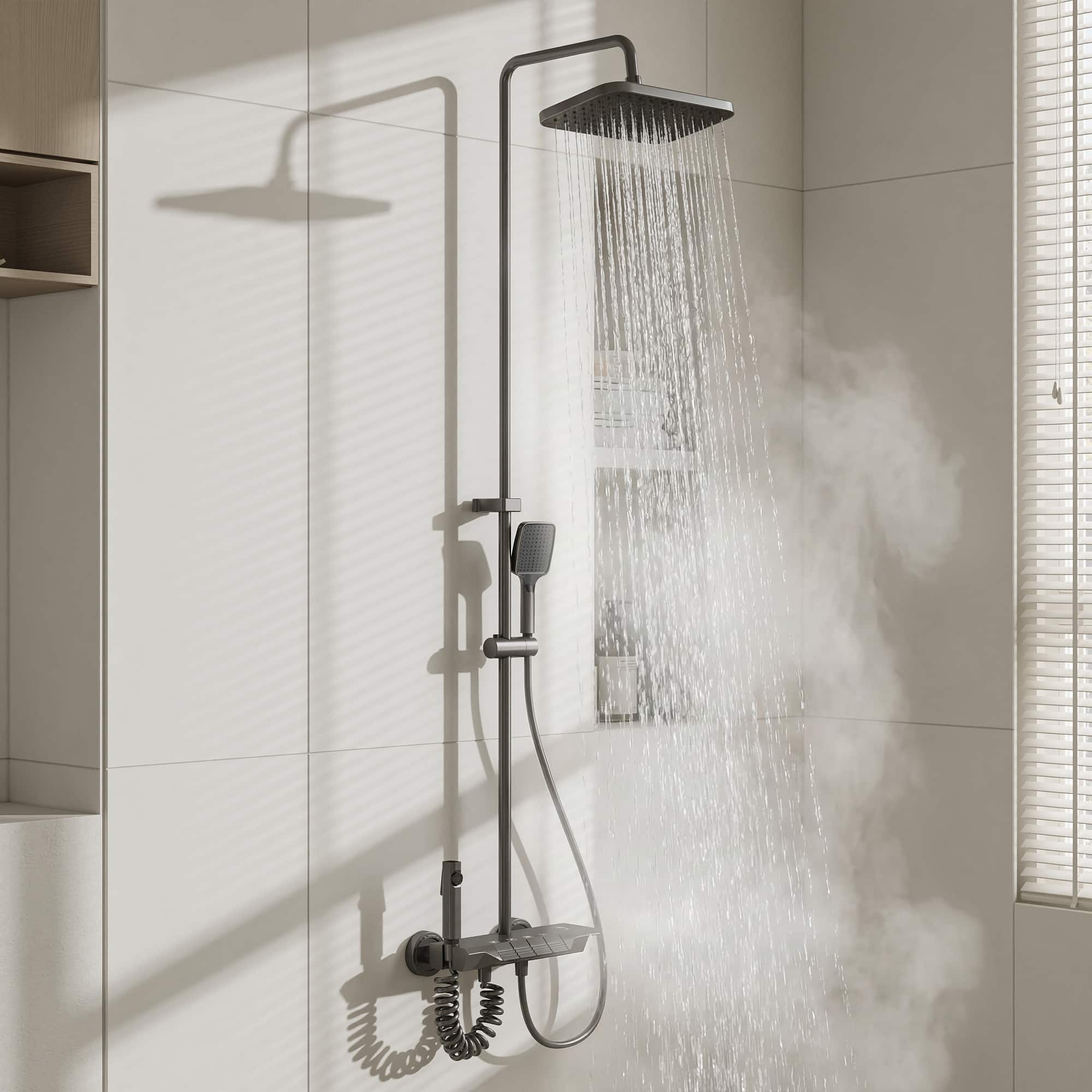 Front. Famapy - Thermostatic Shower System 4 Spray Modes Rainfall Shower Combo with Handheld Waterfall & Spray Gun, Aluminum Shower Set - Gunmetal Gray.