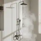 Front. Famapy - Thermostatic Shower System 4 Spray Modes Rainfall Shower Combo with Handheld Waterfall & Spray Gun, Aluminum Shower Set - Gunmetal Gray.