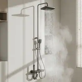 Famapy - Thermostatic Shower System 4 Spray Modes Rainfall Shower Combo with Handheld Waterfall & Spray Gun, Aluminum Shower Set - Gunmetal Gray