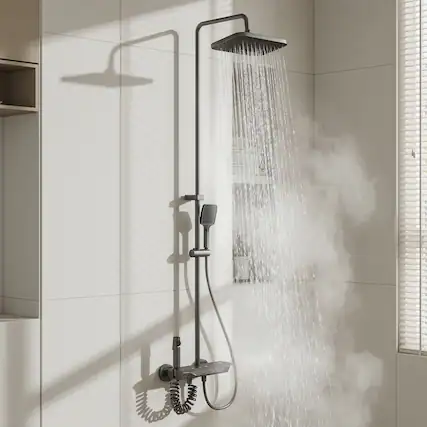 Front. Famapy - Thermostatic Shower System 4 Spray Modes Rainfall Shower Combo with Handheld Waterfall & Spray Gun, Aluminum Shower Set - Gunmetal Gray.