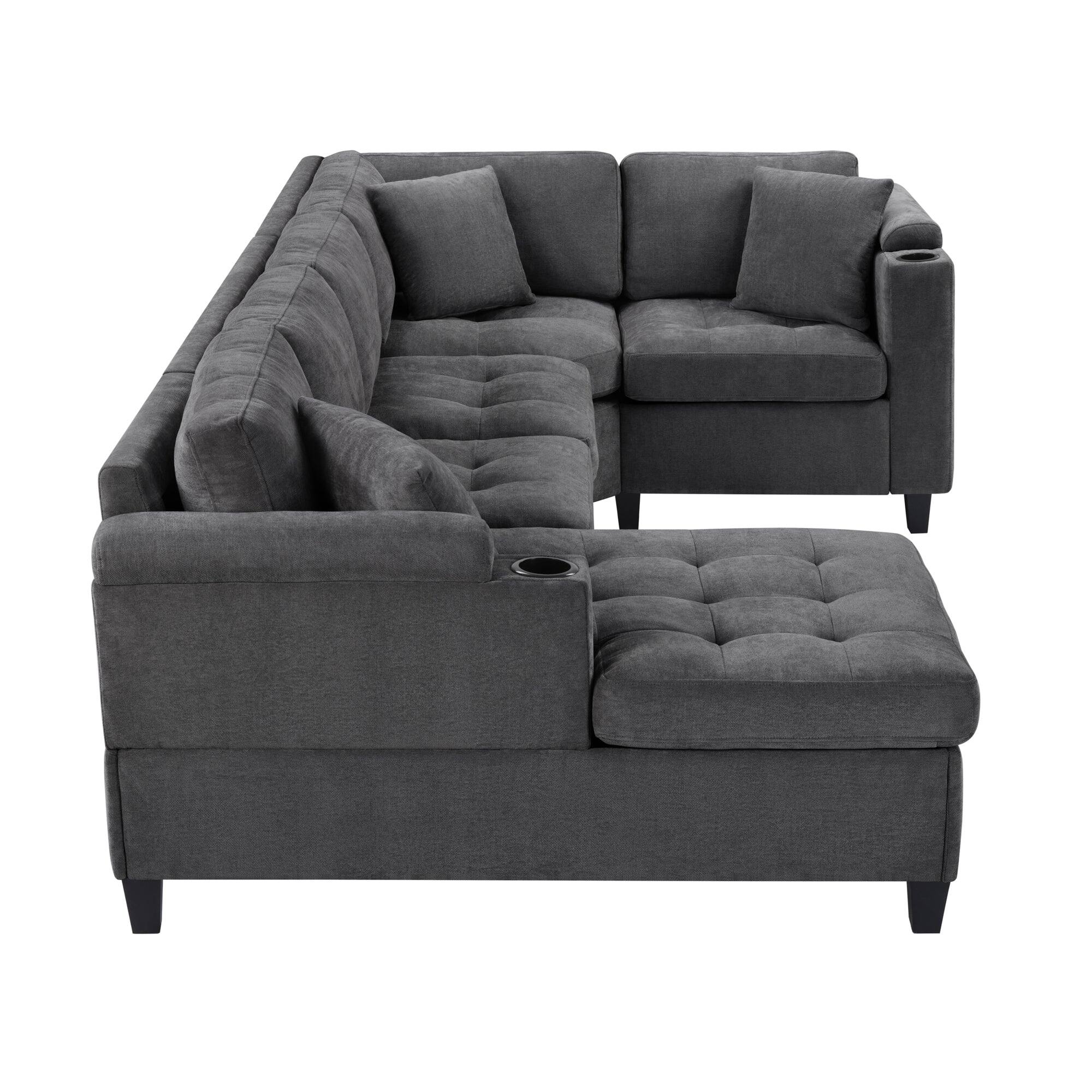 Alt View 5. Boyel Living - Modern U-shaped Sectional Sofa 115.7 inch with Built-in Cup Holders Storage Space and USB Ports in Gray - Gray.