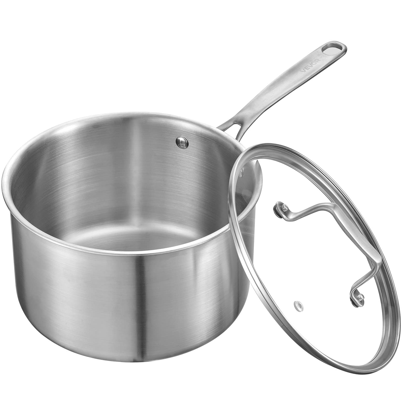 VEVOR - 4 QT Saucepan, Stainless Steel Saucepan with Glass Lid, Multipurpose Nonstick Stainless Steel Small Cooking Sauce Pot - Silver
