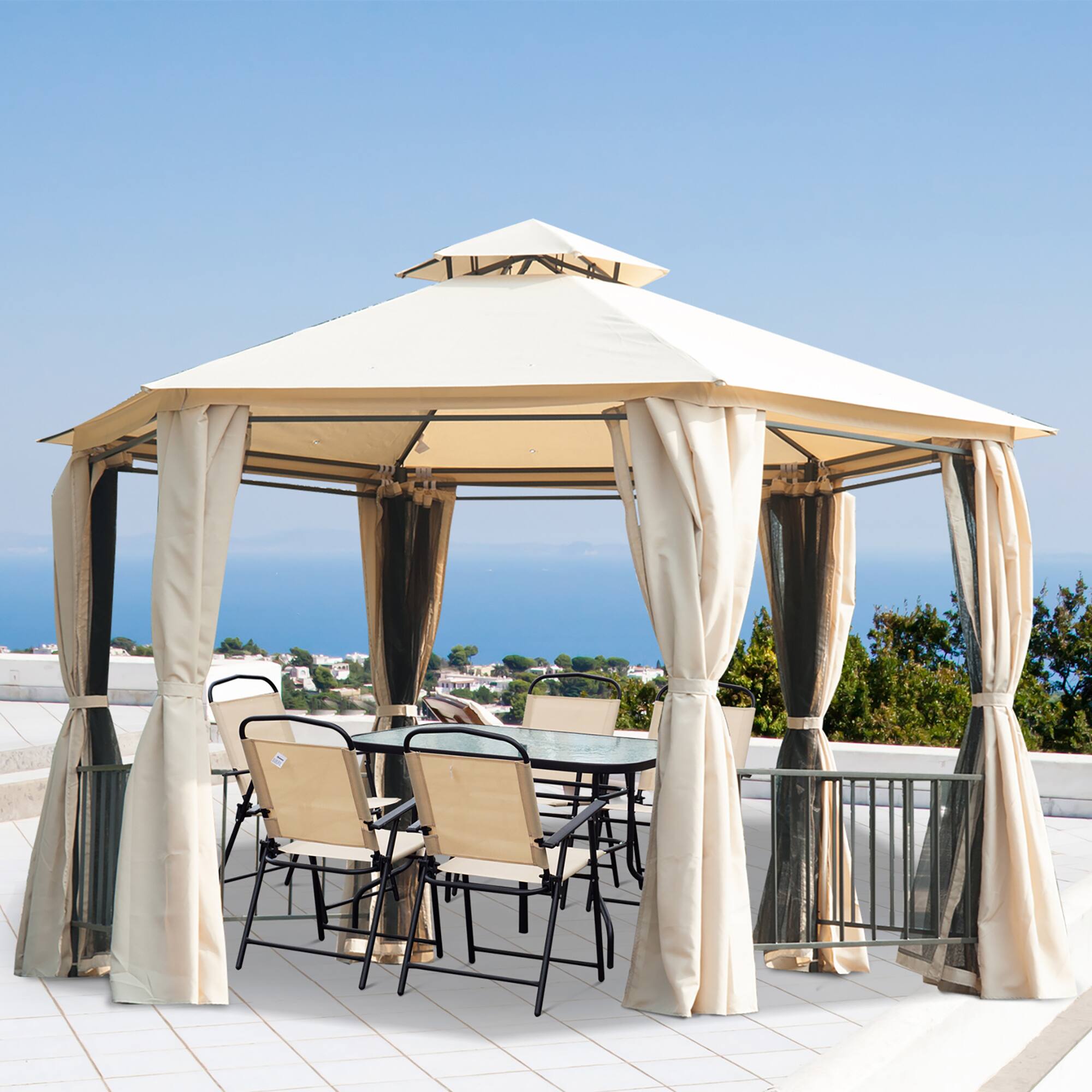 Angle. Outsunny - 13' x 13' Patio Gazebo, Double Roof Hexagon Outdoor Gazebo Canopy Shelter with Netting & Curtains - Beige.
