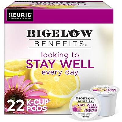 KEURIG  
GENUINE K-CUP PODS  

BIGELOW  
BENEFITS  

looking to  
STAY WELL  
every day  

22 K-CUP PODS  

BIGELOW  
BENEFITS  
STAY WELL  
LEMON & ECHINACEA  
HERBAL TEA  
NATURALLY FLAVORED  
CAFFEINE FREE  
KEURIG