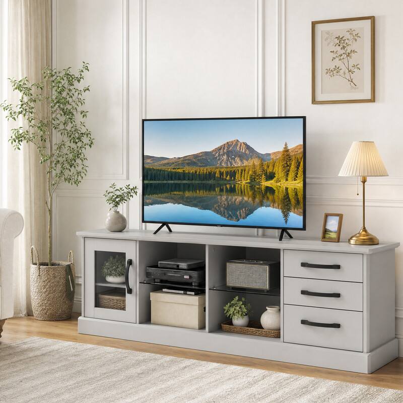 Angle. WELLFOR - Modern TV Stand for 55-73 inch TV, Wood Entertainment Center with 3 Drawers and 2 Glass Shelves, Media Console Table - Gray.