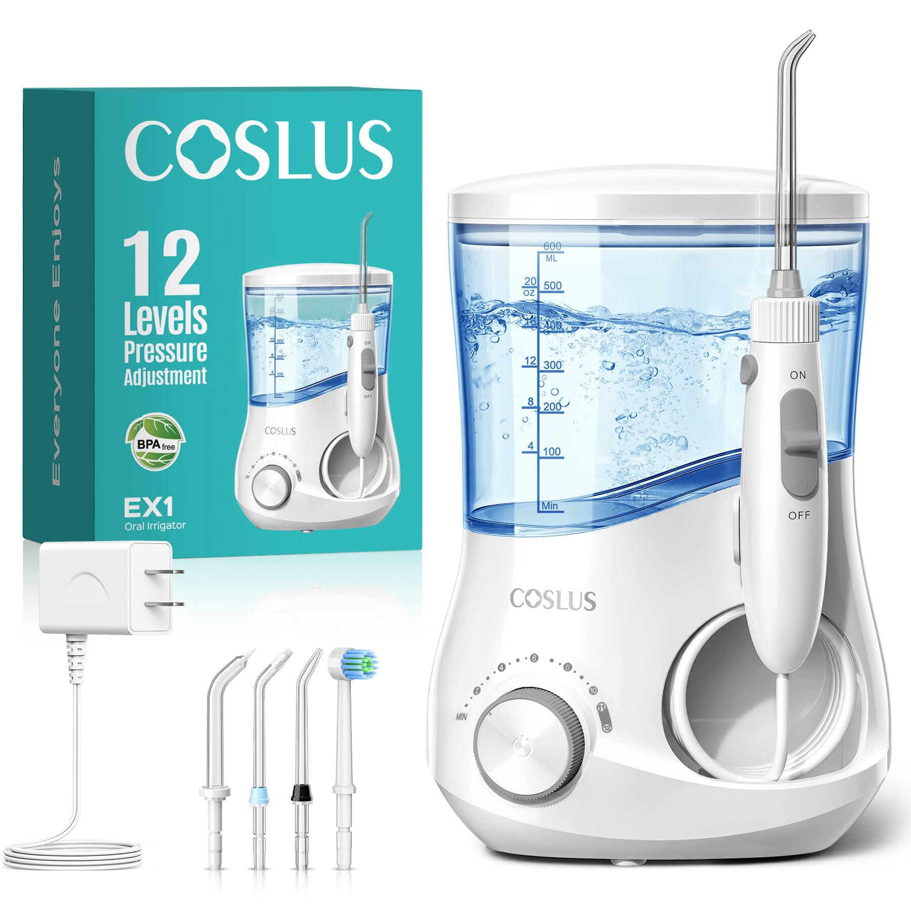 COSLUS Enjoys 12 Levels Pressure Adjustment Everyone BPA free COSLUS EX1 Oral Irrigator F0D ML 200 500 oZ 400 12 300 3 200 4 100 Min COSLUS 1 ON OFF MN