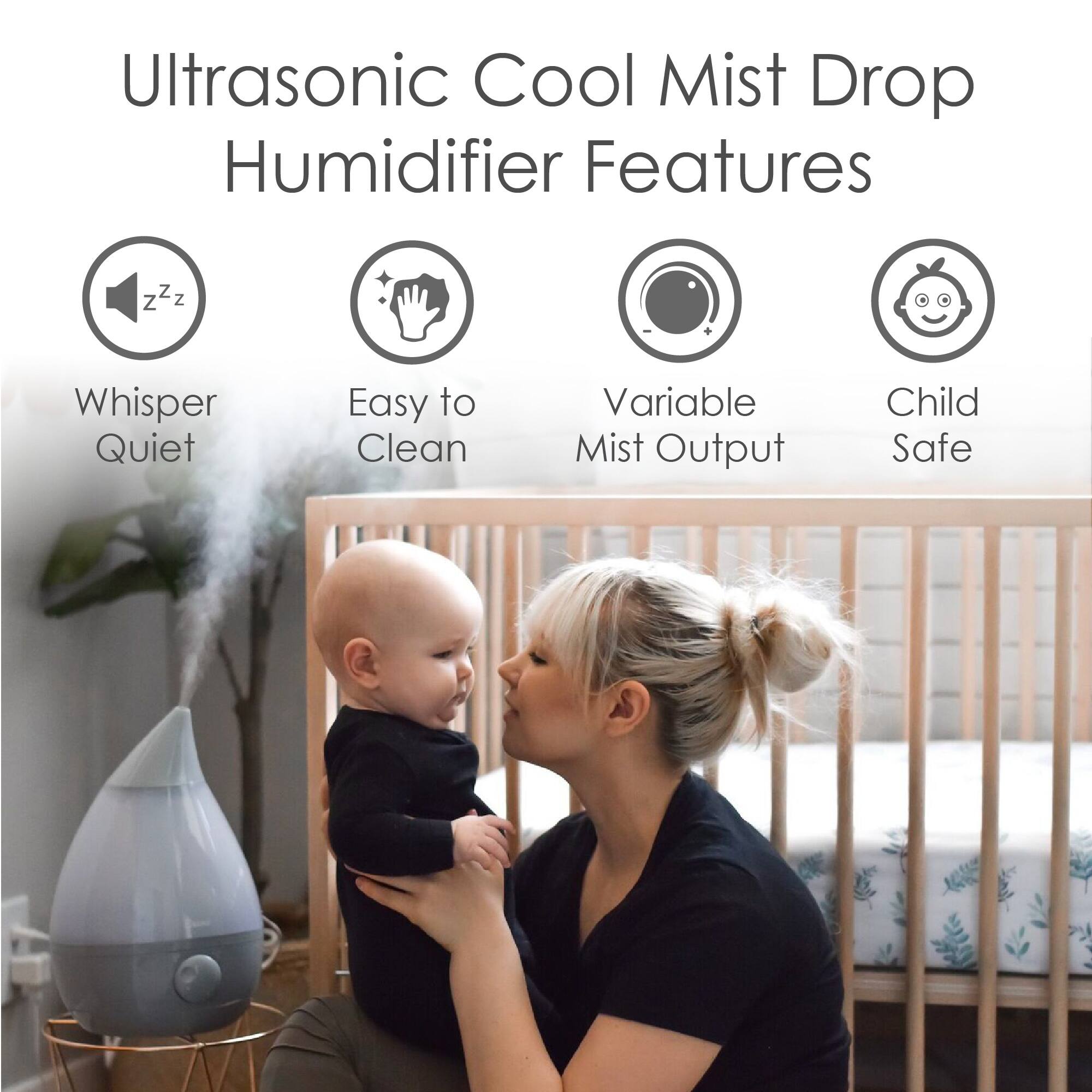 The image shows a woman holding a baby in a nursery. The room features a bed and a humidifier, which is an essential part of the nursery setup. The humidifier has various features, including a whisper quiet operation, easy-to-clean design, and variable mist output. These features make it a child-safe and convenient appliance for maintaining a comfortable and healthy environment for the baby.