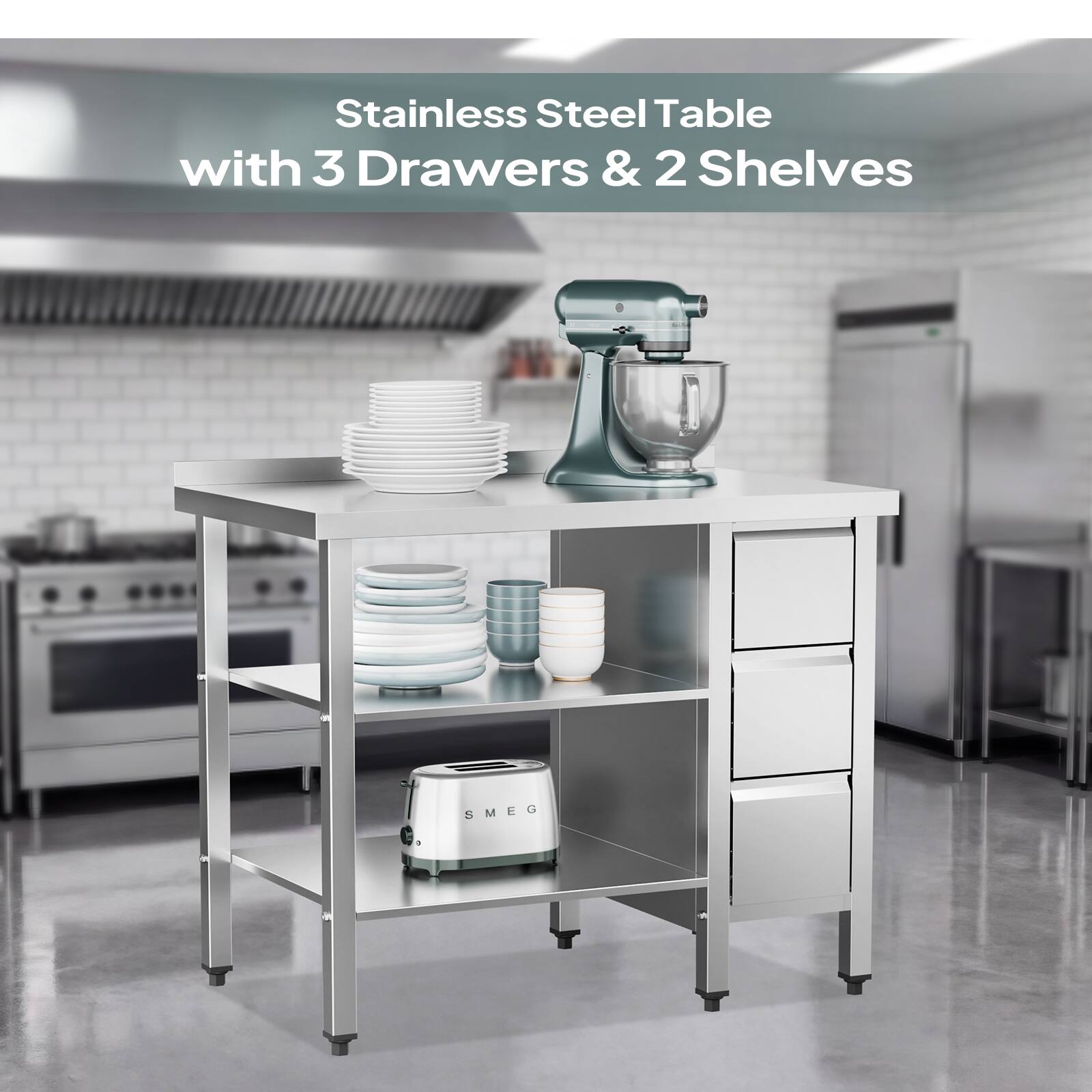 Stainless Steel Table with 3 Drawers & 2 Shelves