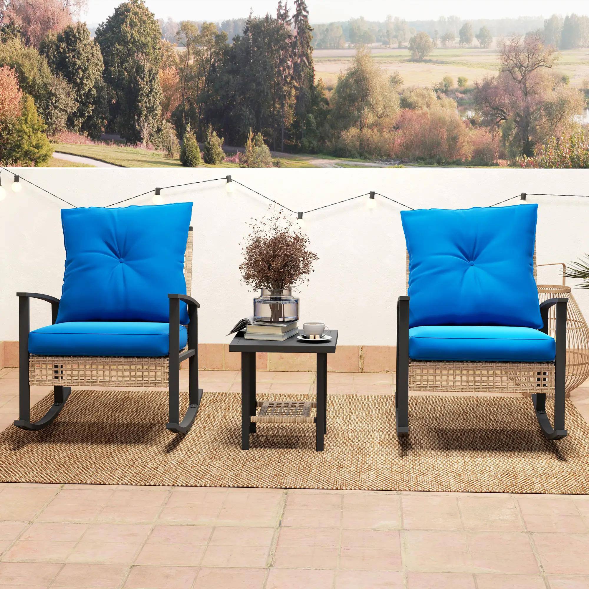 Back. Resenkos - Resenkos 3-Piece Patio Furniture Set,Button Tufted Cushions, Rattan Rocking Chairs, Coffee Table, Blue - Blue.
