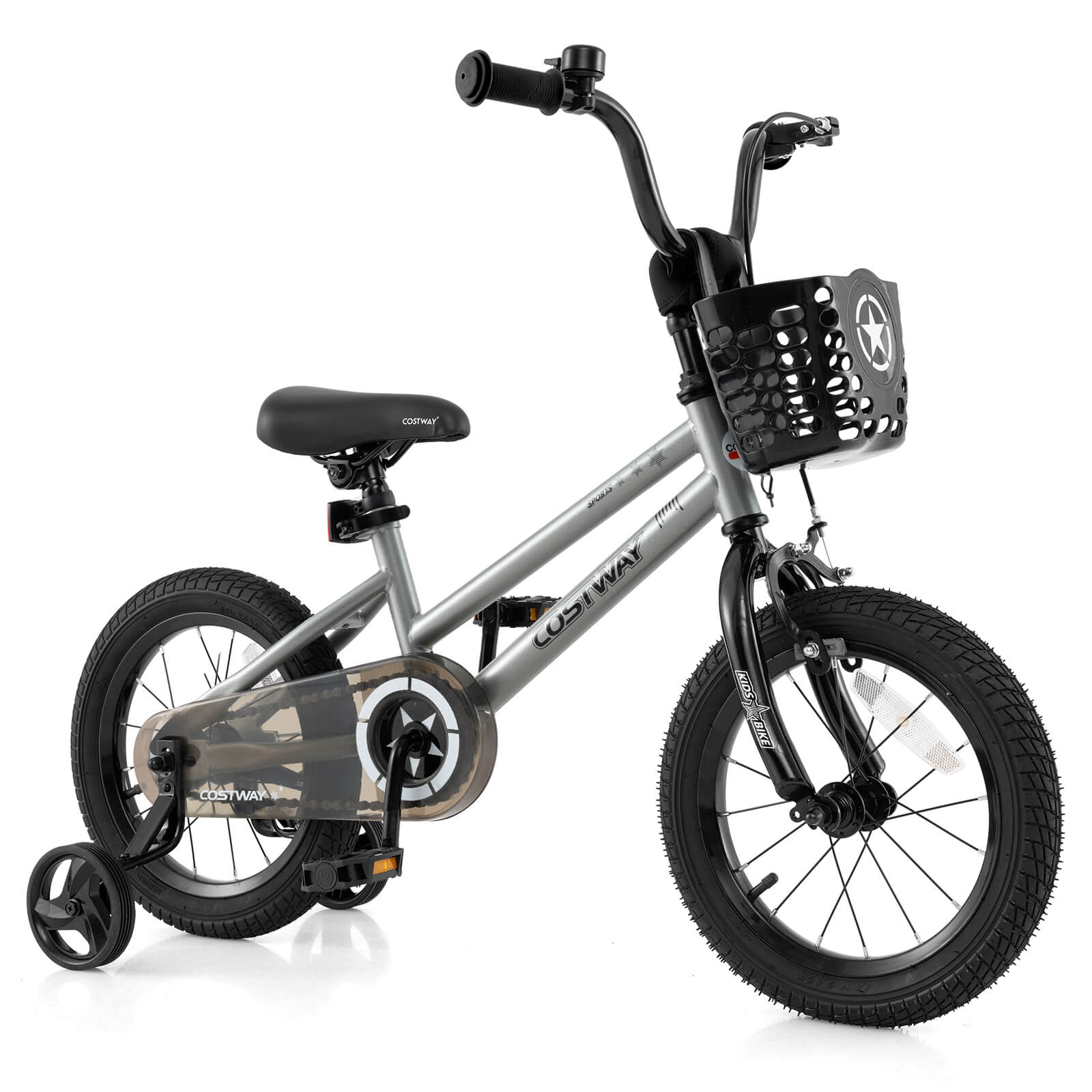 Costway - 14" Kid's Bike with Training Wheels Adjustable Handlebar & Seat Handbrake - Silver