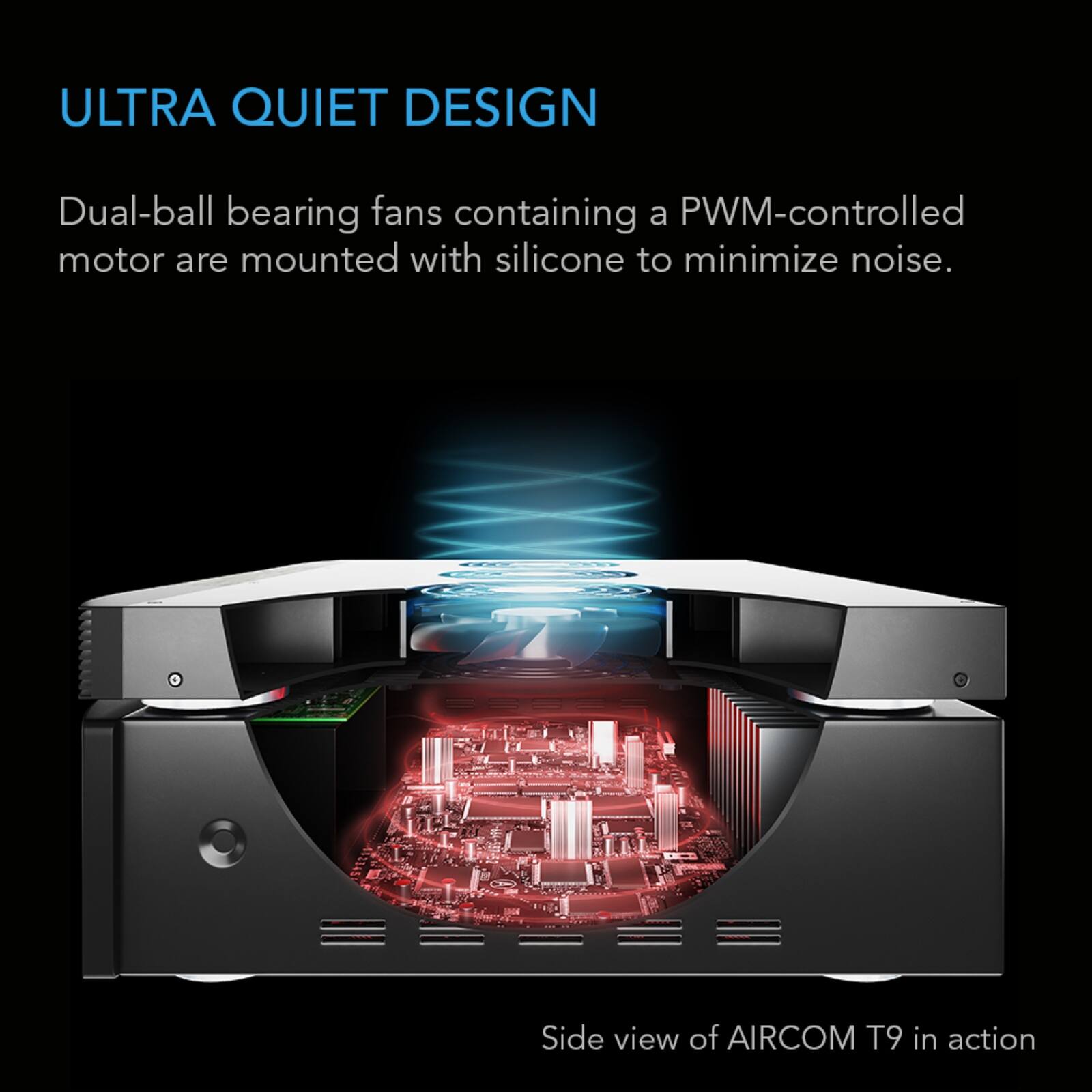 ULTRA QUIET DESIGN

Dual-ball bearing fans containing a PWM-controlled motor are mounted with silicone to minimize noise.

Side view of AIRCOM T9 in action
