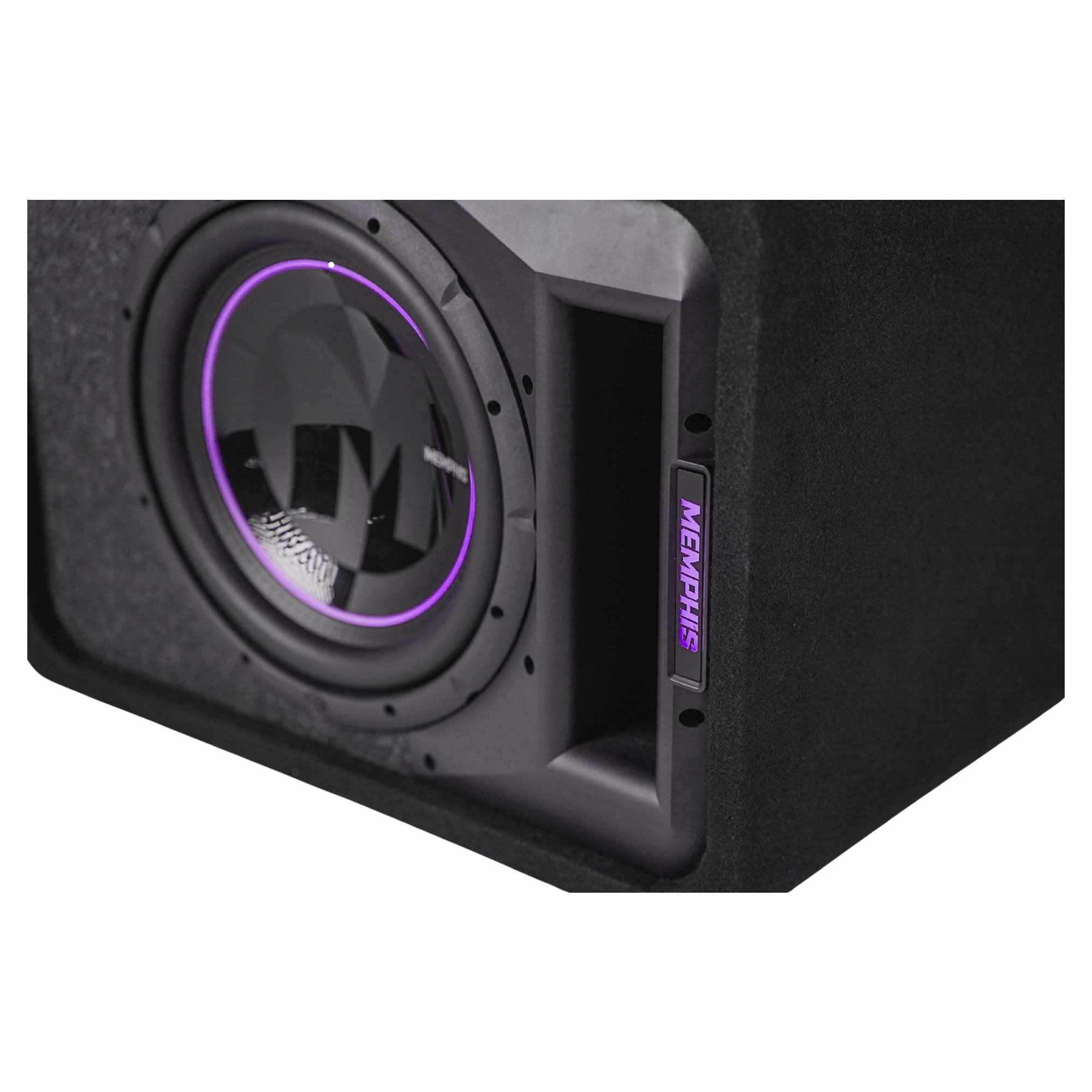 Angle. Memphis Car Audio - Memphis Audio PRXE12SFT - PRX Single 12" Loaded 1 OR 2 Ohm Enclosure with RGB LEDs - Black/Gray.