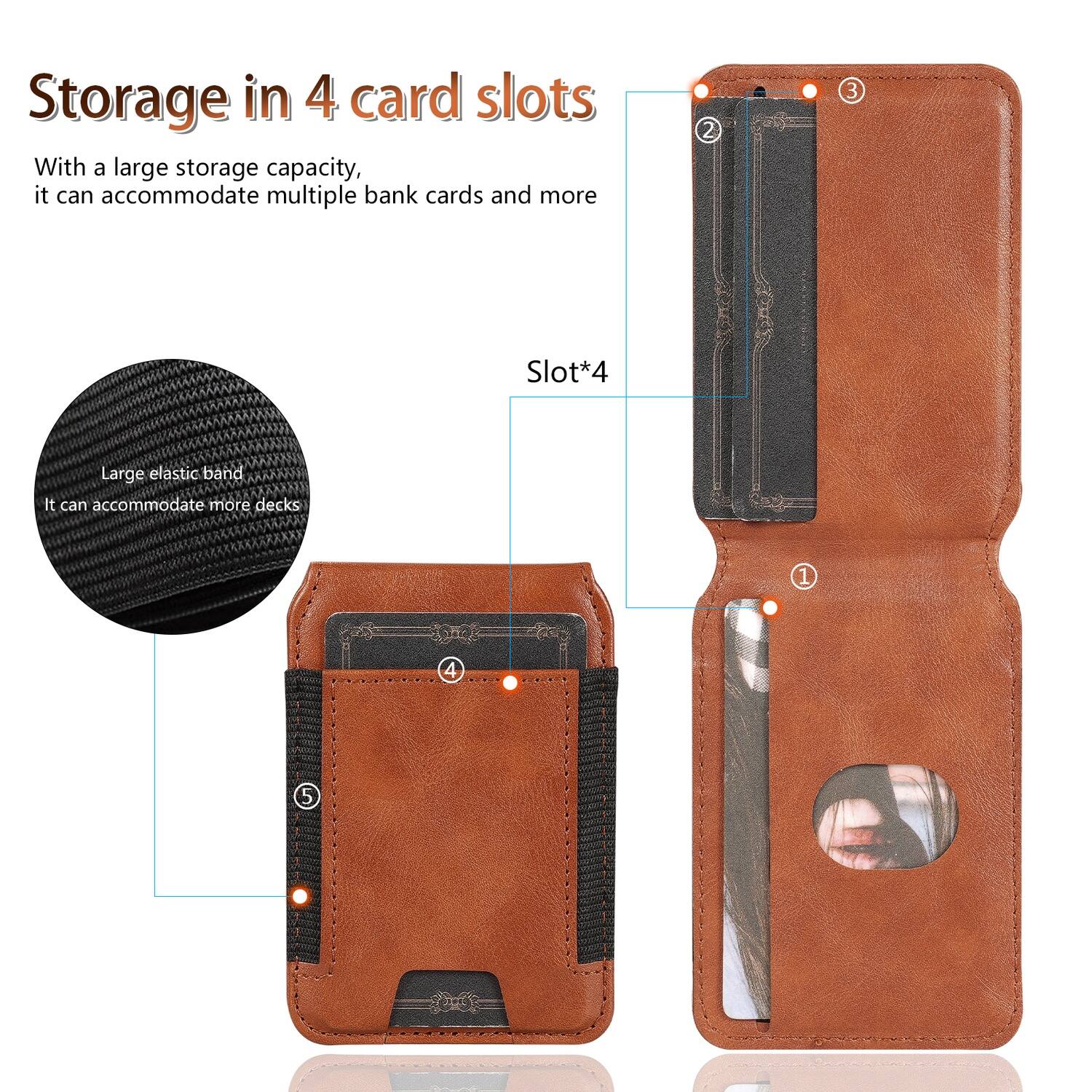 Storage in 4 card slots

With a large storage capacity, it can accommodate multiple bank cards and more

Slot*4

Large elastic band
It can accommodate more decks